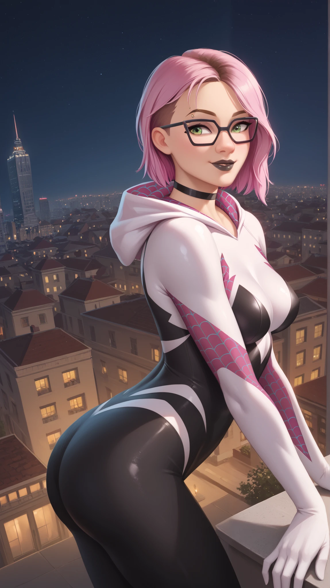 girl (masterpiece), choker, black lips, evening, beautiful green eyes, short pink hair, glasses,girl (masterpiece), choker, black lips, evening, beautiful green eyes, short pink hair, glasses, white light, Spider-Gwen tight suit, white with black,mischievous smile,mischievous smile,Spider Gwen's arachnid pose,outside on top of a building,