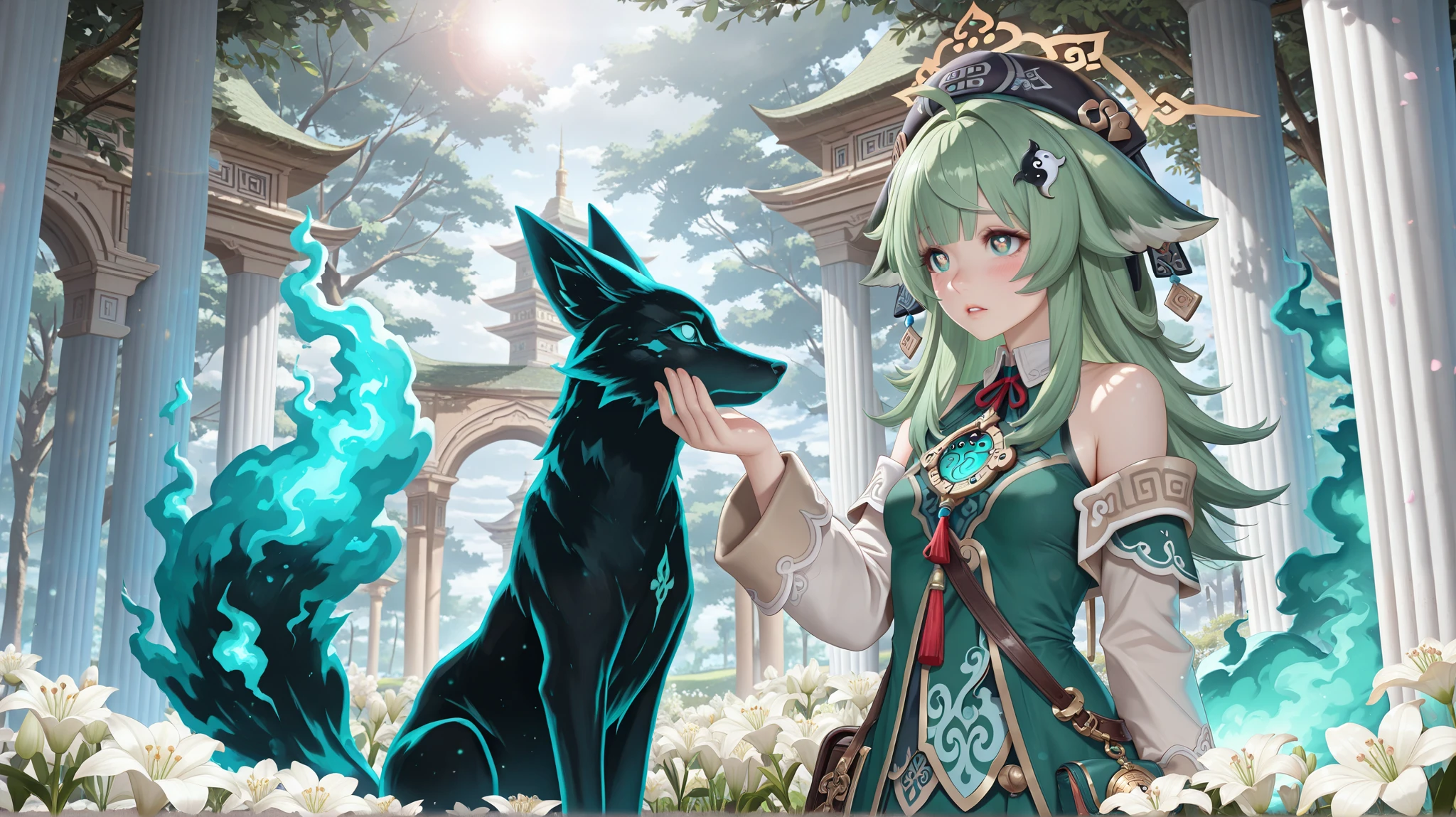 huohuo (honkai: star rail) a youth shy girl wandering the valley looking at the ghosts haunting tower in the distance, ghosts around her, style of magic realism style. sacred holy valley, green meadow valley, pale white lily flowers, pale twilight, pale fog, white pillar towering through the clouds into the heavens, sanctuary, divine sacred twisting ivory tower in the distance, golden radiant halo circling the tower in the sky, green eyes, zhuang hat, embarrassed, symbol-shaped pupils , fox ears, green dress, yin yang hair ornament, eyelashes, fiery tail, small breasts, blush, parted lips, misty atmosphere, golden halo circling, deep forest, lens flare, ghosts, spirits and souls, transparent white ghosts, detailed, detailed scenery, realistic, hanami and cherry blossom vibes, rich color, masterpiece, absurdres, AddXL, detailed scenery, sharp focus , ((4k,8k,Ultra HD)),((Masterpiece :1.2)),((Best quality :1.2)),((Detailed :1.5)),((Detailed background :1.5)),Maximum facial details, Maximum detailed textures, Maximum detailed shadows, Maximum detailed backgrounds, (beautiful detailed eyes), reflecting lips,