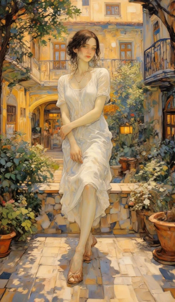 alone in the universe, Paint in watercolor style, Photorealism, discreet golden and ruby and mint shades, (nude) gentle modest thin girl (with a very beautiful exquisite face) with tender nipples with blond hair walking barefoot in the distance (around the southern town) early morning (along the houses)