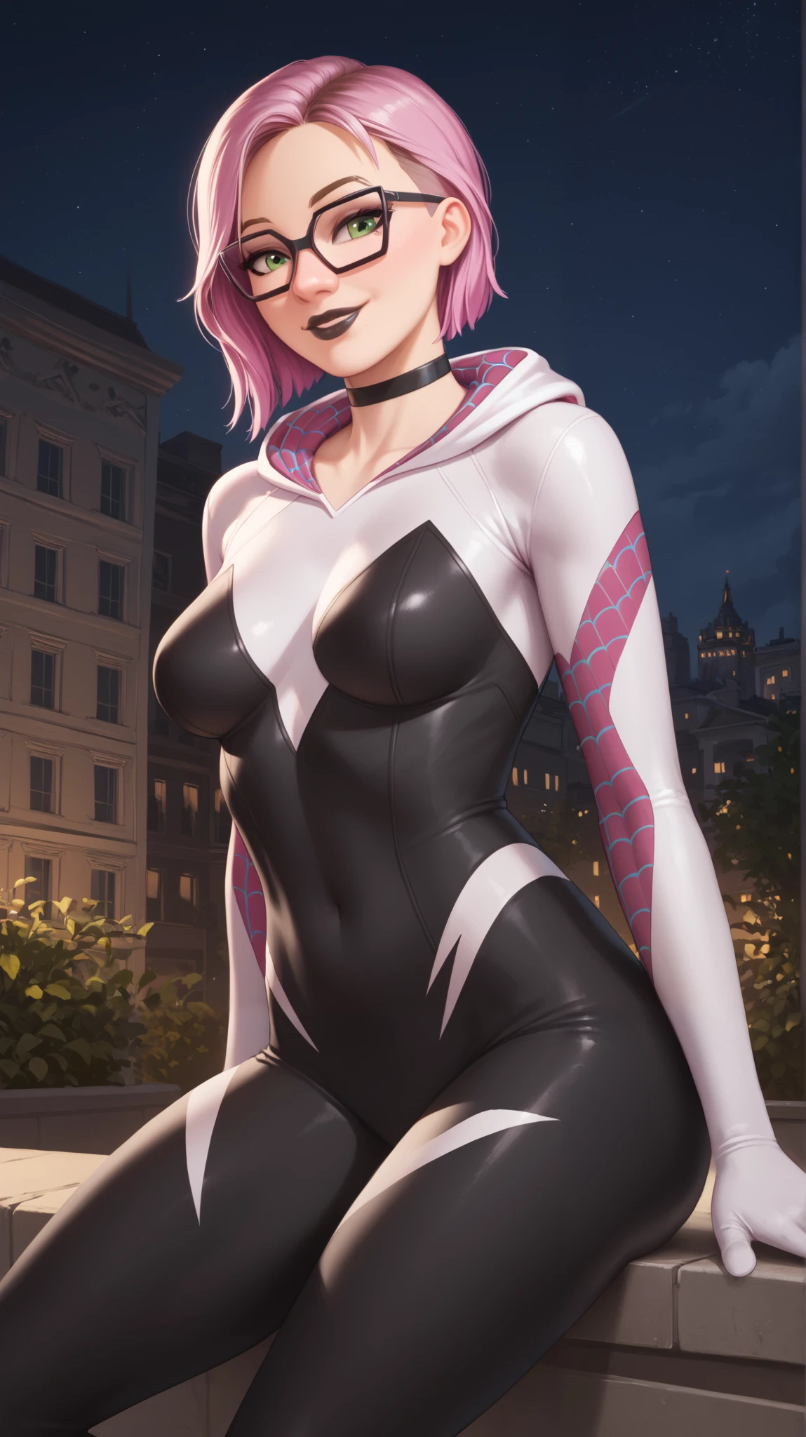 Woman body set large breasts, black spider gwen costume dress