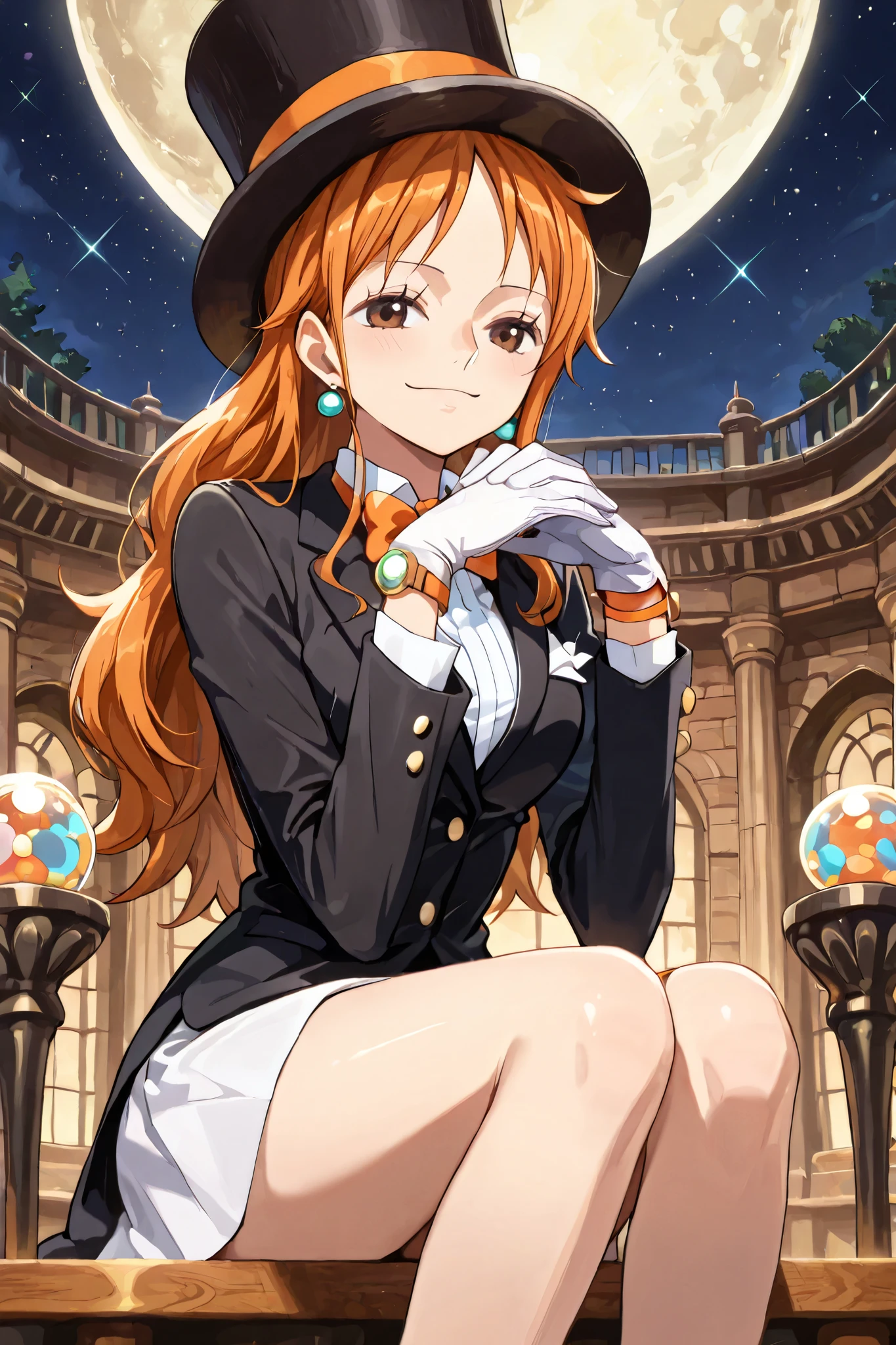 (masterpiece, 2k, highly detailed) solo, 1girl, nami, one piece, long orange hair, earrings, brown eyes, sleek legs,( large black silk top hat, orange band) black tuxedo jacket, white shirt under tuxedo jacket, orange bowtie, white miniskirt, ((white gloves)), (smiling, graceful, serene), (dapper), sitting at a table in a marble courtyard, night scene, starry background, full moon in the sky, eyes closed, (prim and proper pose, elegant pose), razzle dazzle vibes, close up shot, facing the viewer, gendou pose, own hands clasped, own hands together, elbows on table