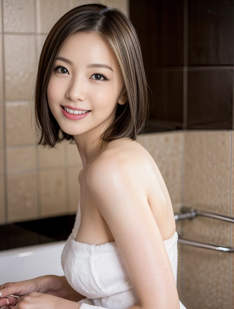 Highest quality、8K、masterpiece、Ultra-high resolution、Clear photos、Realistic、Professional Lighting、Natural light、very cute:1.6、Baby Face、smile、Very short hair、Very slim、Tight waist、Soaking wet:1.8、Dripping Water:1.8、 the shower:1.2、I take a shower:1.2、Glowing Skin、Wet Hair、Head to knee photo:1.6