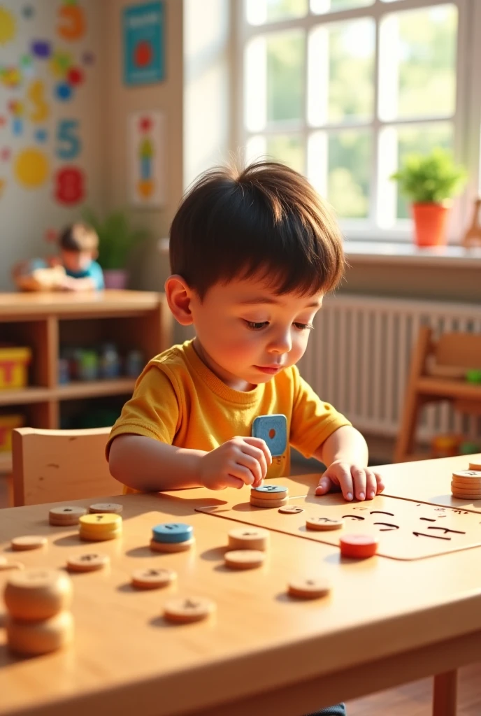 Realistic  boy inserting a cord into a dog splint with holes, inside a classroom