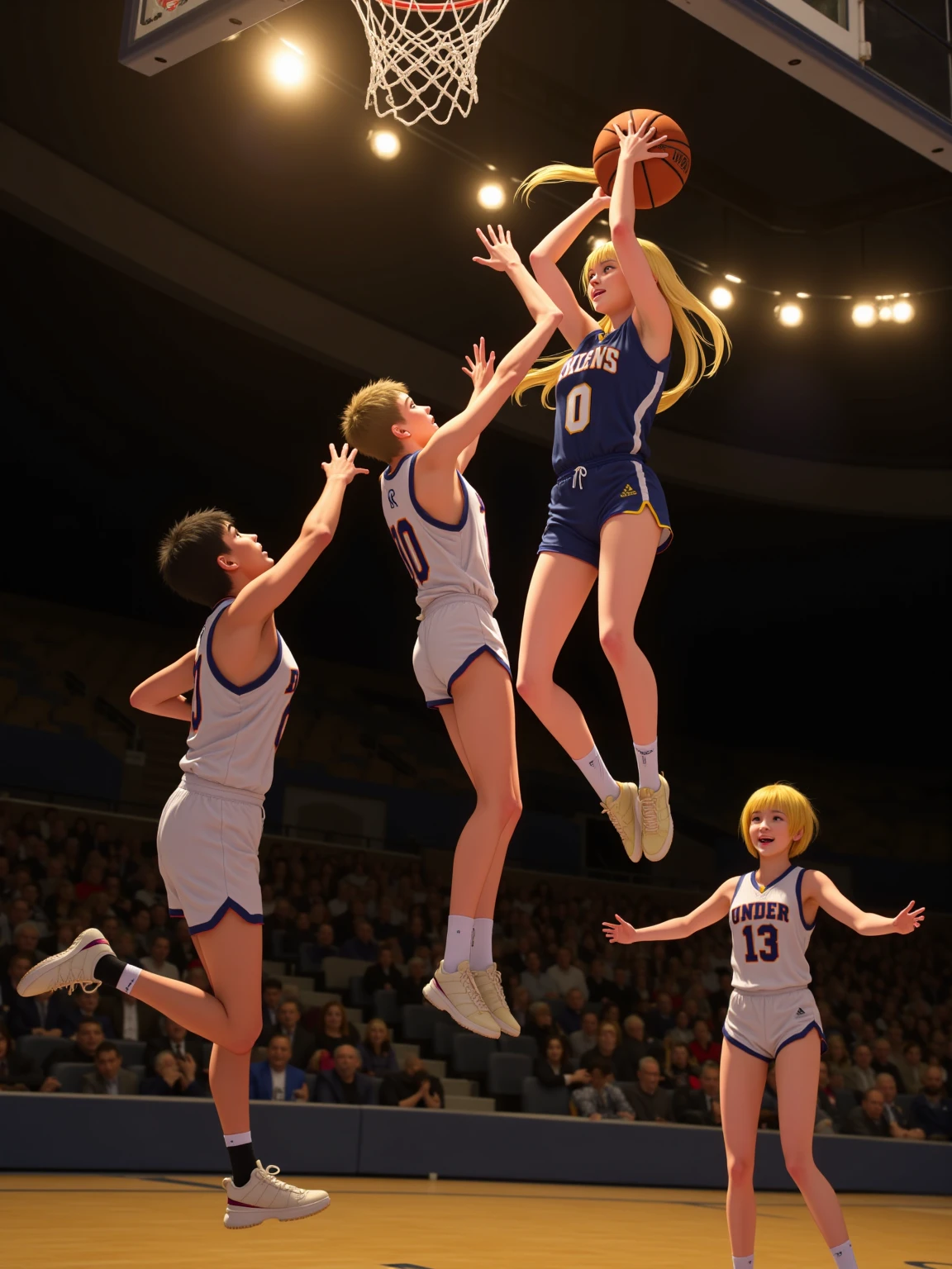 A dynamic digital artwork showcases a female basketball player mid-flight, intensely focused on making a layup as she's guarded by three male opponents. The golden lighting, dramatic shading, and sharp contrasts highlight the player's athleticism and skill in this action-packed moment, while the dark arena and spotlights draw attention to the soaring motion and the upcoming shot. Anime style. From side, dramatic lighting, (spotlight from above), golden lighting, lens flare, highly detailed, The basketball goal is 305cm high.