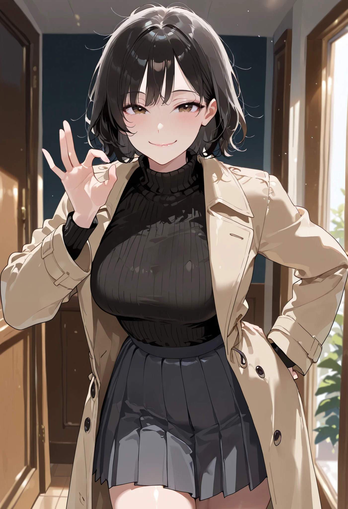 high res image, Beautiful girl with slim body, (masterpiece, detailed:1.2), (1girl:1.4), (black hair, short hair, messy hair, long side bangs), (dynamic poses), looking at viewer, (enjoyed, light smile), (brown eyes, detail eyes), Beautiful eyes, (average breasts:1.3), (slender body), (beautiful detailed face, beautiful detailed eyes), ((long trench coat, black cashmere sweater, pleated skirt)), indoors, ((cowboy shot:1.3)), seductive, lustrous skin, lustful skin, erotic skin, (hand on hips), (fellatio gesture:1.3)