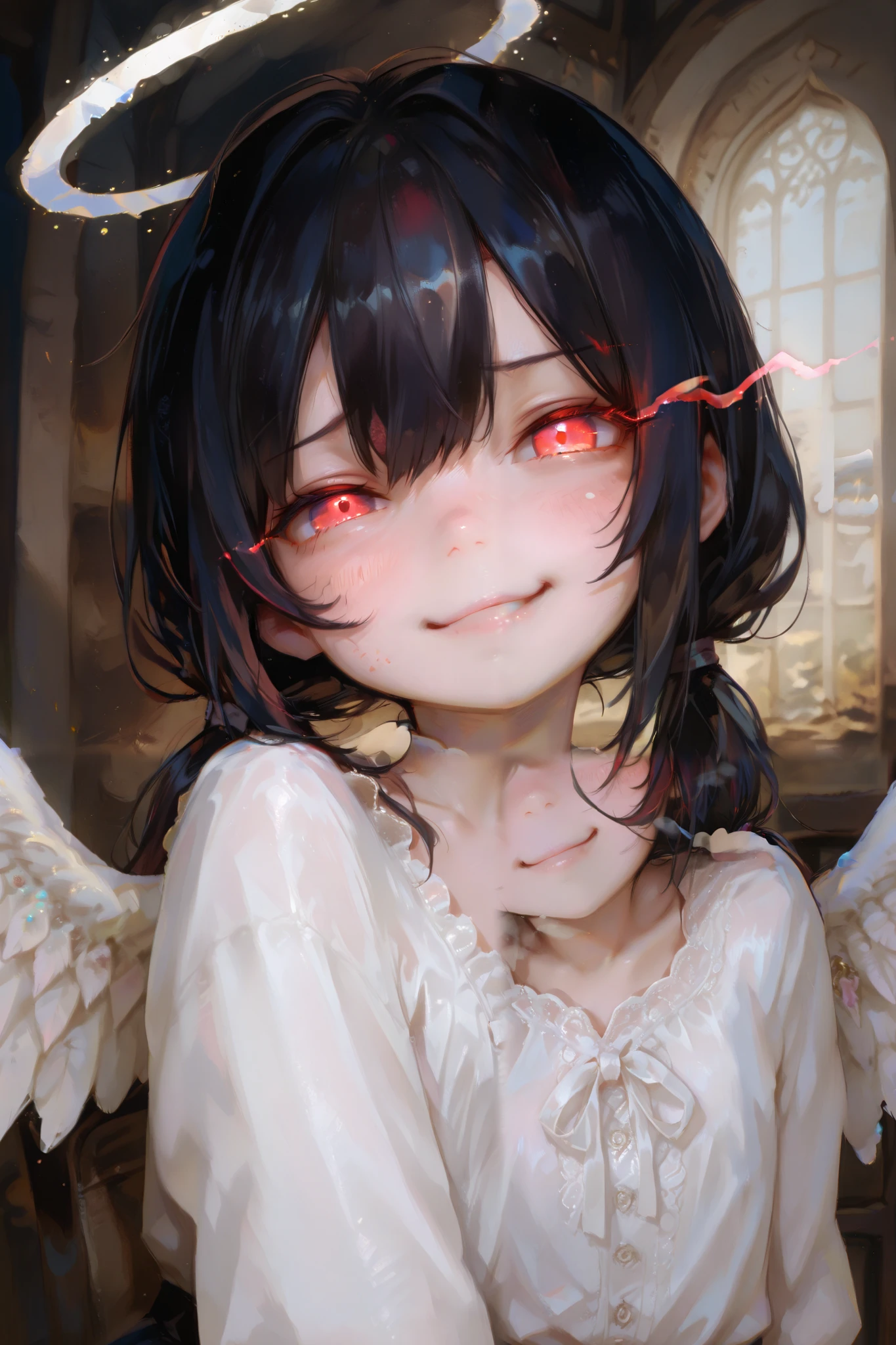 masterpiece, best quality, Detailed Eyes, girl, fantasy, kawaii, tsundere, red eye, low twintail black hair, young face, clumsy, cute face, semi realistic, 8k, white blouse, smile, naughty, white angel wings, white halo, solo charactor, looking at viewer, glowing eye