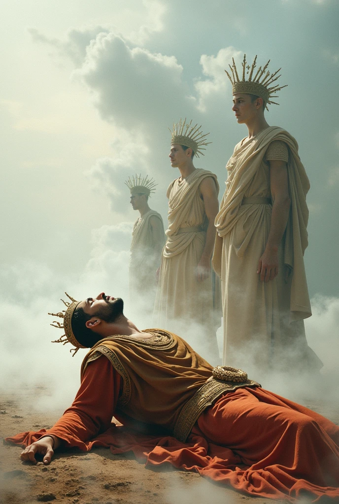Create a dramatic split-screen image depicting the final moments of Alexander the Great and Emperor Qin Shi Huang. On the left side, show Alexander in his final days, lying in a lavish, yet somberly decorated room. His body is frail, and his face shows a mix of regret and realization. Around him, his generals and advisors are engaged in a heated debate about his successor, symbolizing the chaos that followed his death. The atmosphere is tense, with shadows and dim lighting reflecting his failing health.On the right side, illustrate Emperor Qin Shi Huang in his last moments, surrounded by alchemical apparatus and scrolls. His face should be a mask of anguish and confusion as he experiences the effects of the mercury elixir. His palace is dark and foreboding, with ominous symbols and dark clouds visible through open windows. The scene should evoke a sense of foreboding and tragedy, highlighting the downfall that came from their pursuits of power and immortality."