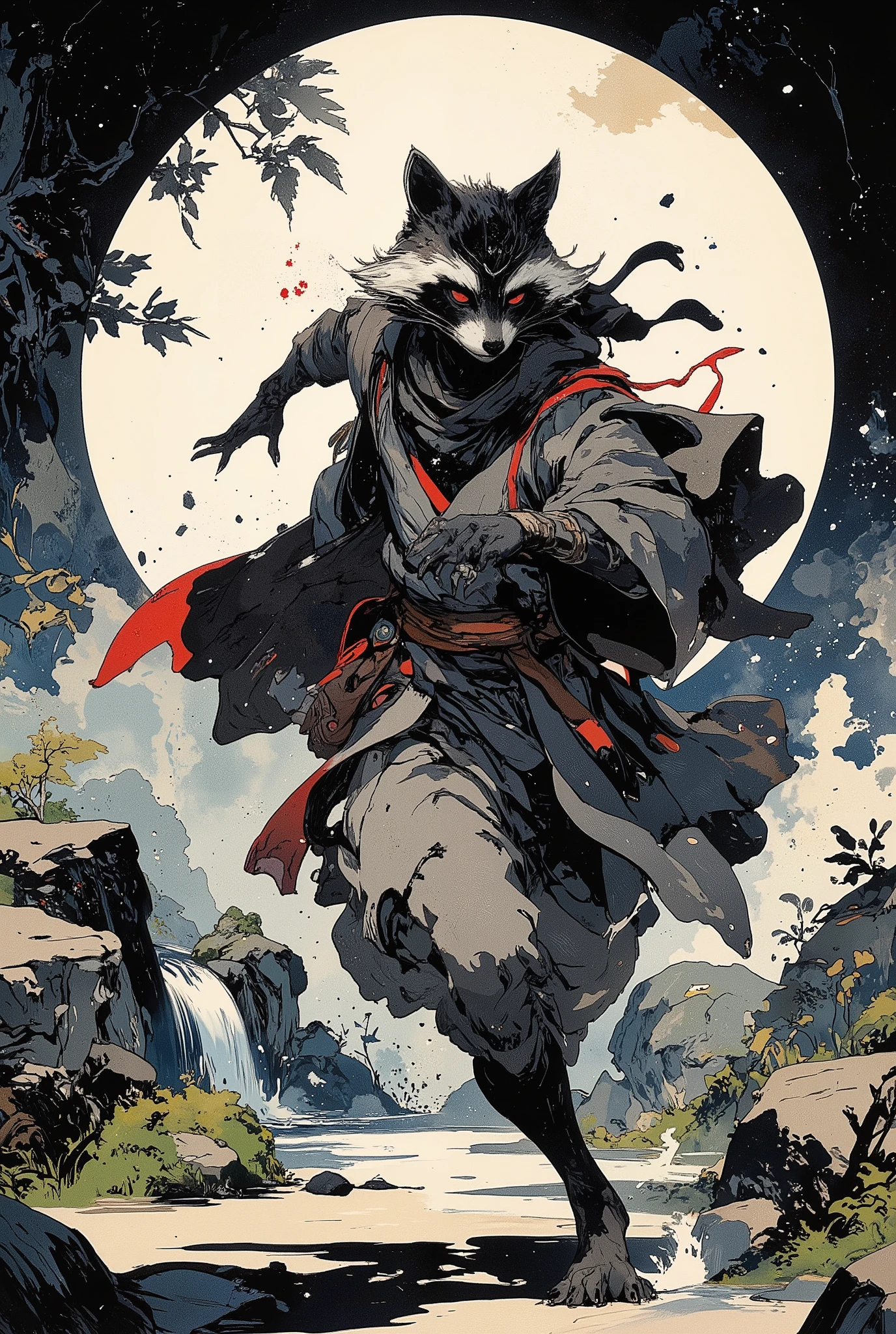 (best quality)))、(super high image quality)、(Super Detail)、(detailed description)、(Best CG ))、(masterpiece)、ArsMJStyle、(Zen ink wash painting)、raccoon , ランダムなシチュエーション,背後からのアングル,忍者衣装,(aura:1.3)走る