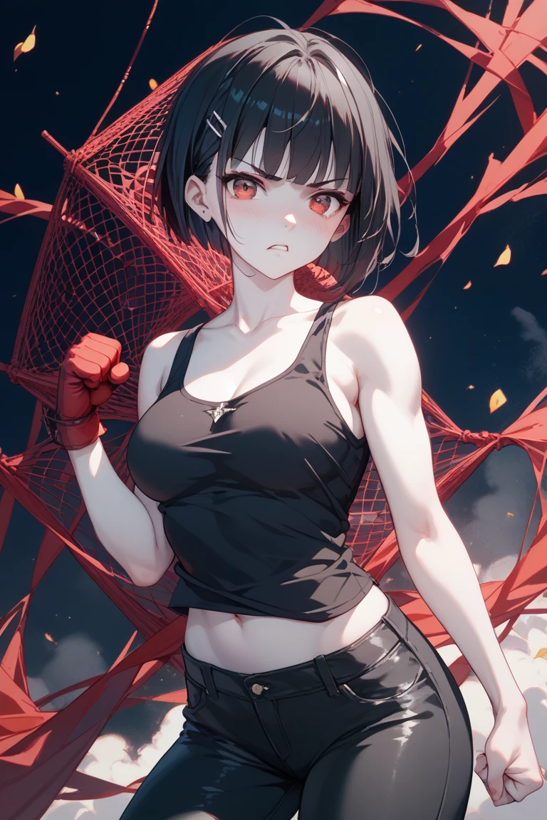 Illustration, anime, Black hair, Red eyes, bloody, expressionless, athletic, one girl, waist up view
