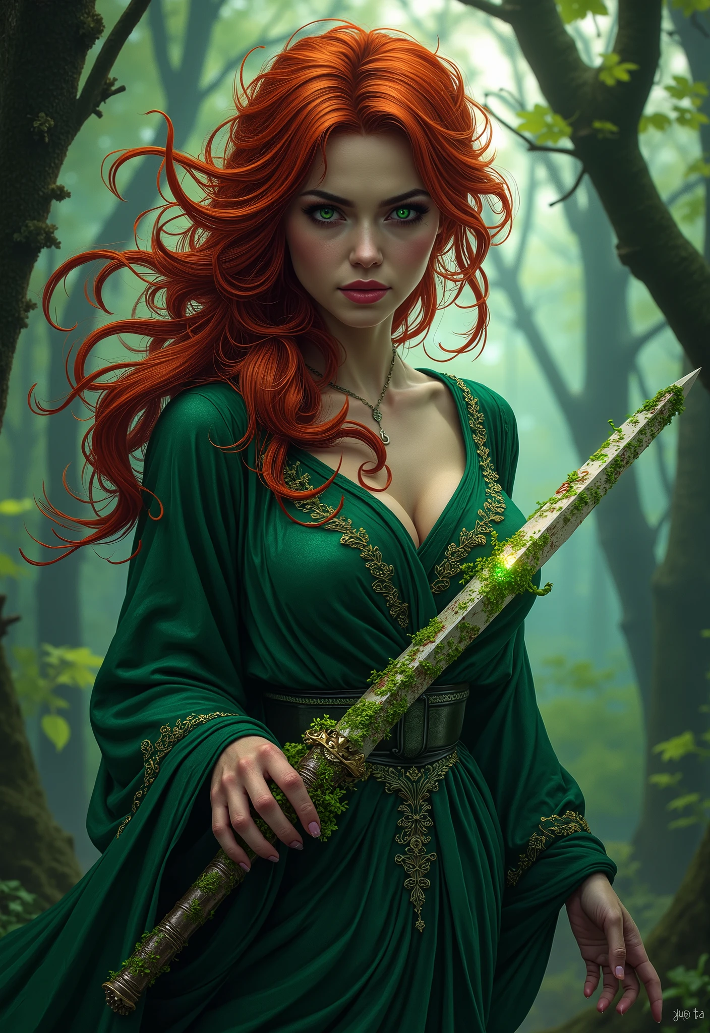 A high-quality, full-body illustration depicting terror. A striking young woman with fiery red hair forming chaotic, branch-like shapes. Her emerald-green ornate robe flows and twists with creeping vines. She clutches a sword whose hilt is overgrown with strange, bioluminescent fungi. The background is a suggestion of a dense, overgrown forest at twilight, with blurred and horifying shapes. Her piercing gaze is filled with primal fear, reflecting the unseen horrors of the woods. [Negative prompts:  poor quality, low quality, bad quality, deformed, ugly, mutation, blurry, grainy, noisy, pixelated, watermark, signature, text, logo, deformed hands, bad hands, extra fingers, missing fingers, fused fingers, misshapen eyes, bad eyes, disfigured, malformed, poorly drawn face, bad anatomy, incorrect anatomy, cartoonish, anime, manga, sketch, drawing, 3d render, cgi, illustration, lowres]