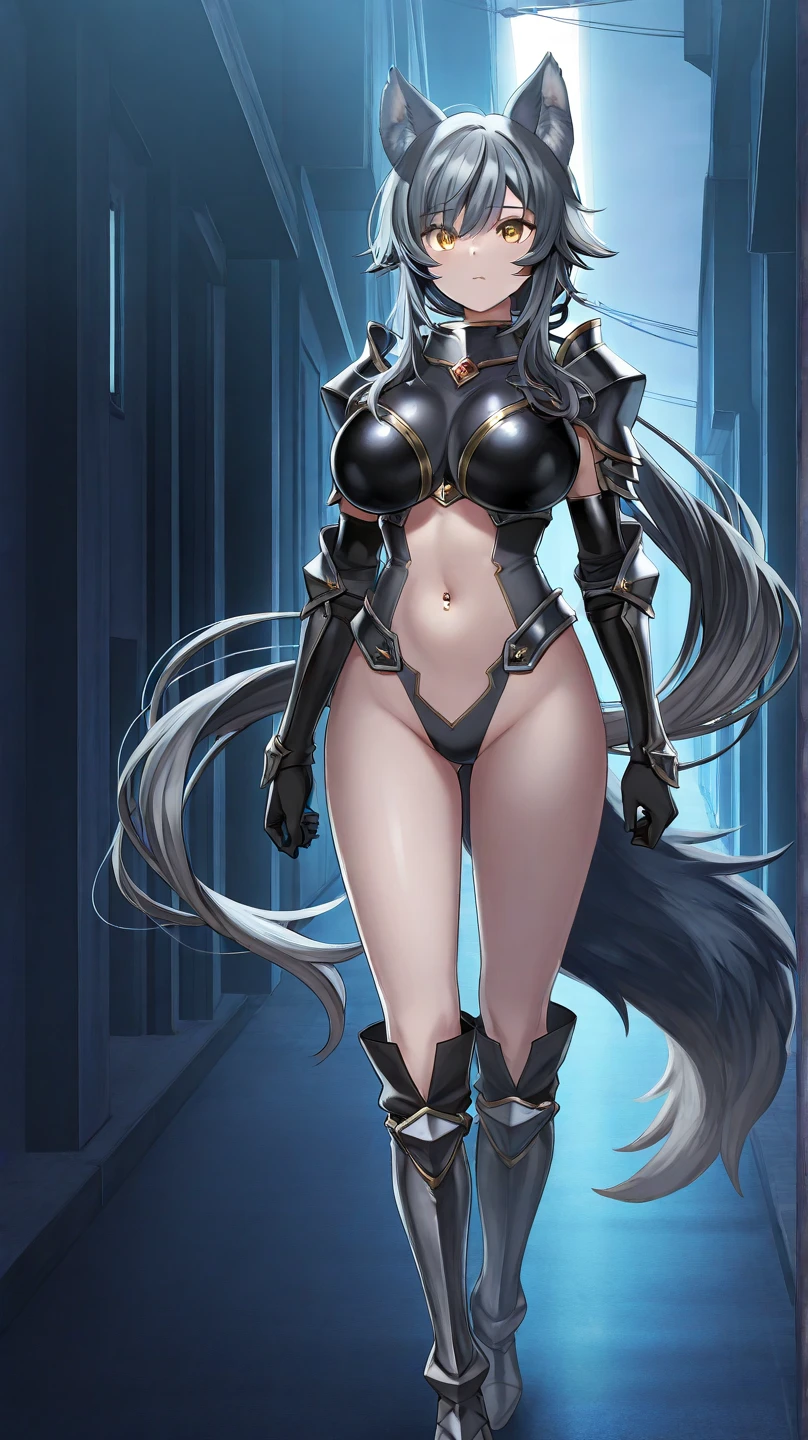 Dark cathedral scenery, beautiful female warrior, approximately 20 years of age, with a perfect body and dressed in shiny leather elements? The character has dark blue hair with red highlights, tied in a horse tail, and holds a short sword in her hand. I would like the drawing to be done in any graphic convention that fits the character’s nature --auto --s2