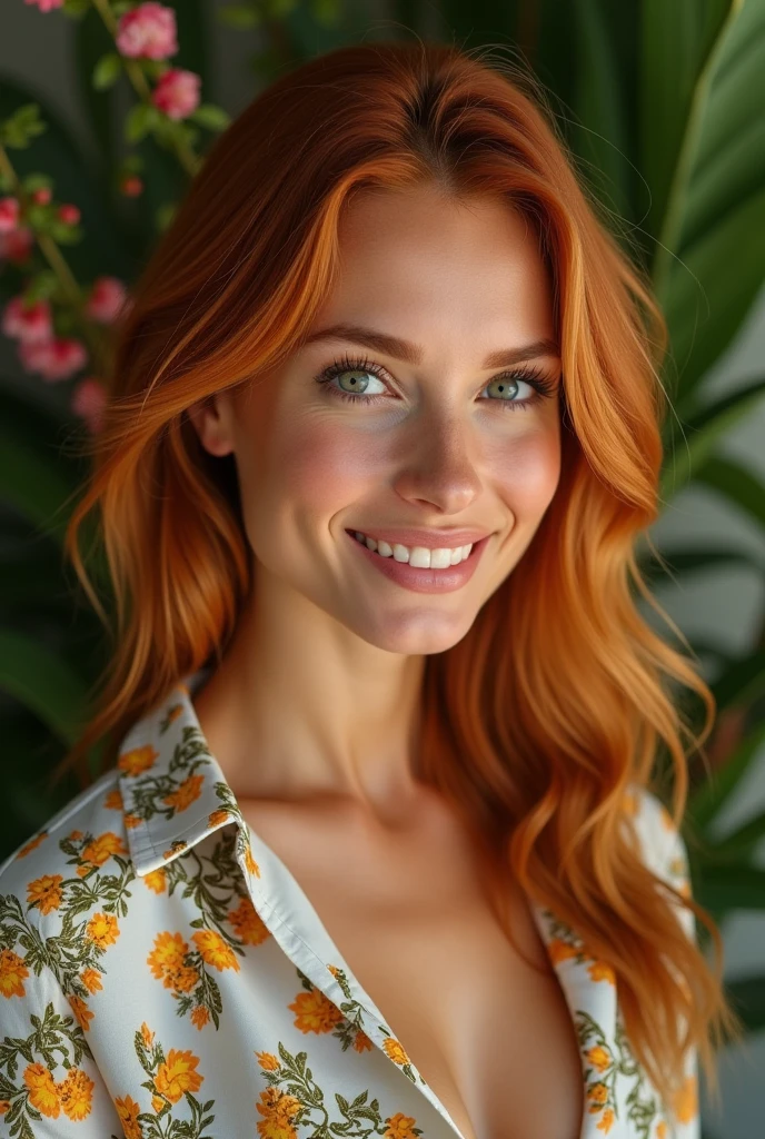 ultrarealistic high quality full body photo of a beautiful busty slim european 25-year-old woman with cute hyperdetailed shy face and natural redhead middle length hair and shy smile , realistic round hazel eyes, natural lips, dark eye makeup with eyeliner, wearing shiny festival outfit, hourglass body, outdoor photography, tanned