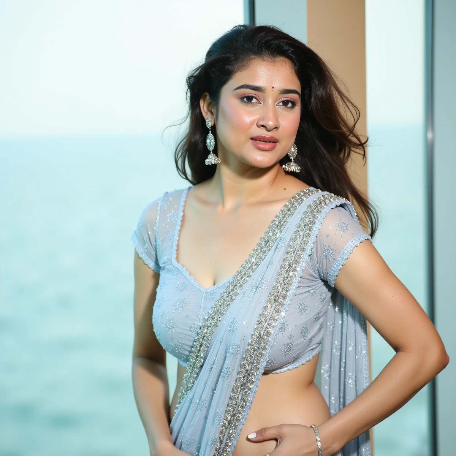 Foto RAW, photorealistic, photography, full body shot, master shot, perfect eyes, goddess like beauty, pierced eyes, perfect thick chubby mallu Desi aunty bhabhi, Wearing a Stanapatta, a chest-band.Saree model, model Photography, Indian saree shoot, Indian traditional wear advertising photography, traditional wear brand shoot, face of Indian actress Sonakshi Sinha, masterpiece, realistic, realism, incredible details, pleasure, photorealism, detailed skin, skin pores, high contrast, photorealistic Artstation 8k HD digital art trend of high definition and detailed realistic skin texture, ultra detail, realistic skin texture, armature, best quality, ultra high definition, (photorealistic:1.4),, high resolution, detail, raw photo, sweat, Re sharp, by Lee Jefferies Nikon D850 Film Stock Photo 4 Kodak Portra 400 Camera F1.6 Lens Rich Color Ultra Real Realistic Realistic Textures Dramatic Lighting Unreal Engine Trending at Art Station Cinestill 800,(pele altamente detalhada: 1.2), 8k UHD, DSLR, soft-lighting, alta qualidade, grain of film, Fujifilm XT3,she didn't like to wear blouse or bra, she is happy to wear only saree, she hates blouse or bra, detailed hairy armpits, hyper realistic skin, skin pores, sweat, veins,