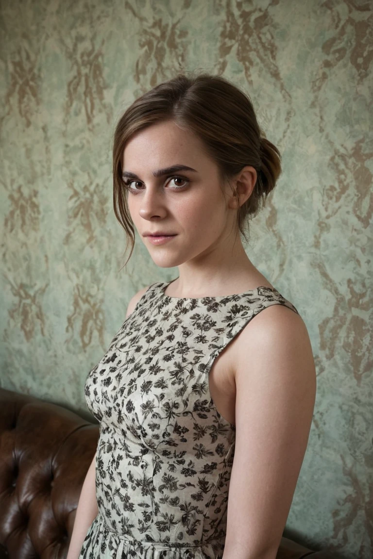 Thick brunette Irish woman, Sophia Lillis, tight sheer green dress, strong lighting with shadows, small breasts, glasses