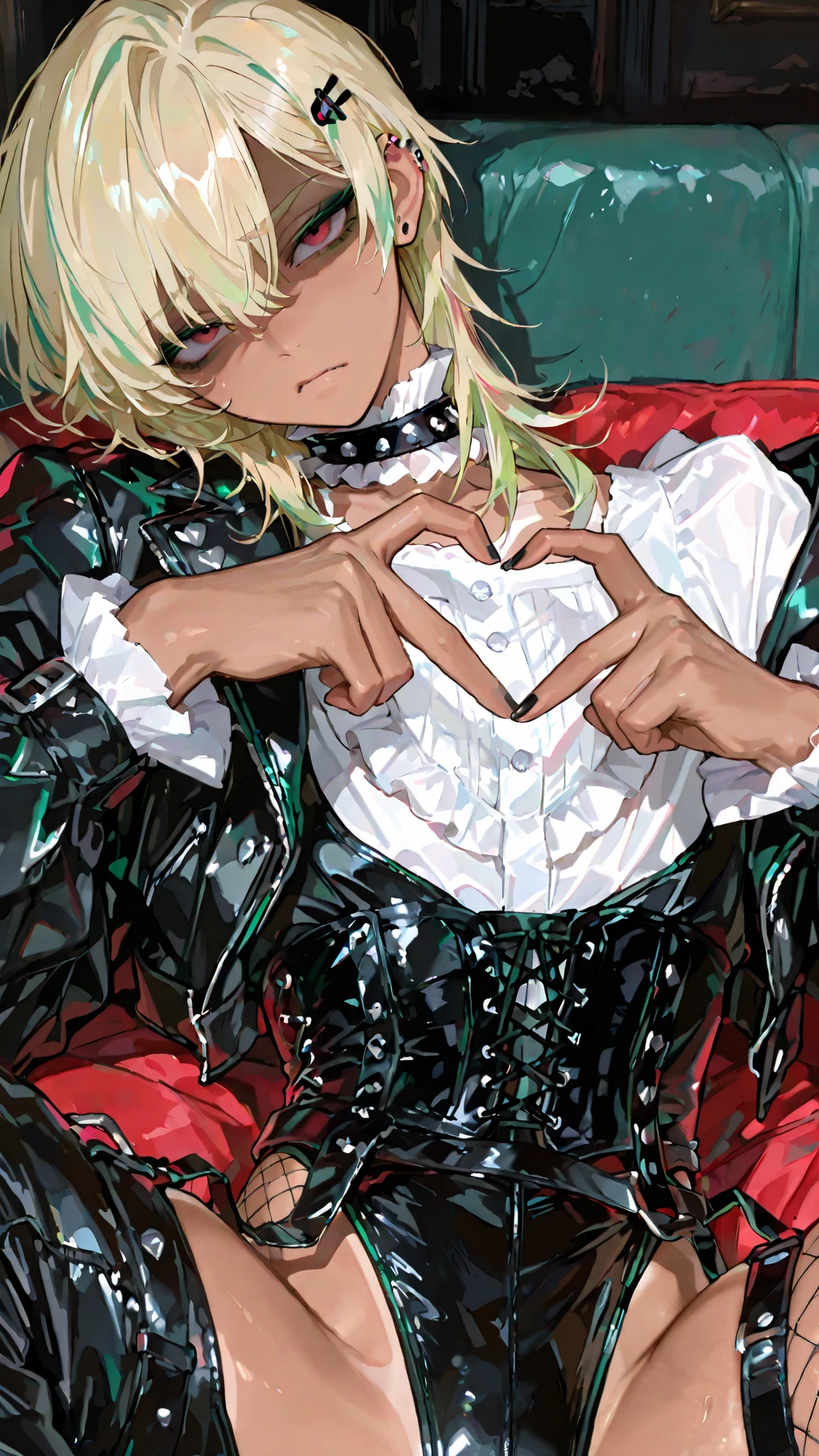 1male,handsome,visual kei style,medium hair, heavy black eyeliner, green eyeshadow, leather, studs,(contempt, disgust,shaded face,looking at viewer,frown),heart-shaped gesture,black nail, bob hair, top quality,high quality,masterpiece, gyaruoh, (blonde:1.2), red eyes, androgynous, green hair tip highlight, beautiful young man, slightly muscular, 6 foot tall, hair clips, tanned skin, 18 years old male, solo, detailed face, mullet hair, punk, (hot pants:1.2), piercings, side parting, highleg Jersey, frilled shirt, frilled collar, super short jumpsuit, corset, solo, adult male, dot eyebrows, hot pants, 748cmstyle, close up, BREAK masterpiece,best quality,very aesthetic, Prince, open jacket, short hot pants, fishnet pantyhose, high neck shirt, short with attached leg covers, garter belt , jabot collar, (high leg jumpsuit:1.2), Gothic, tanned, even skin color
