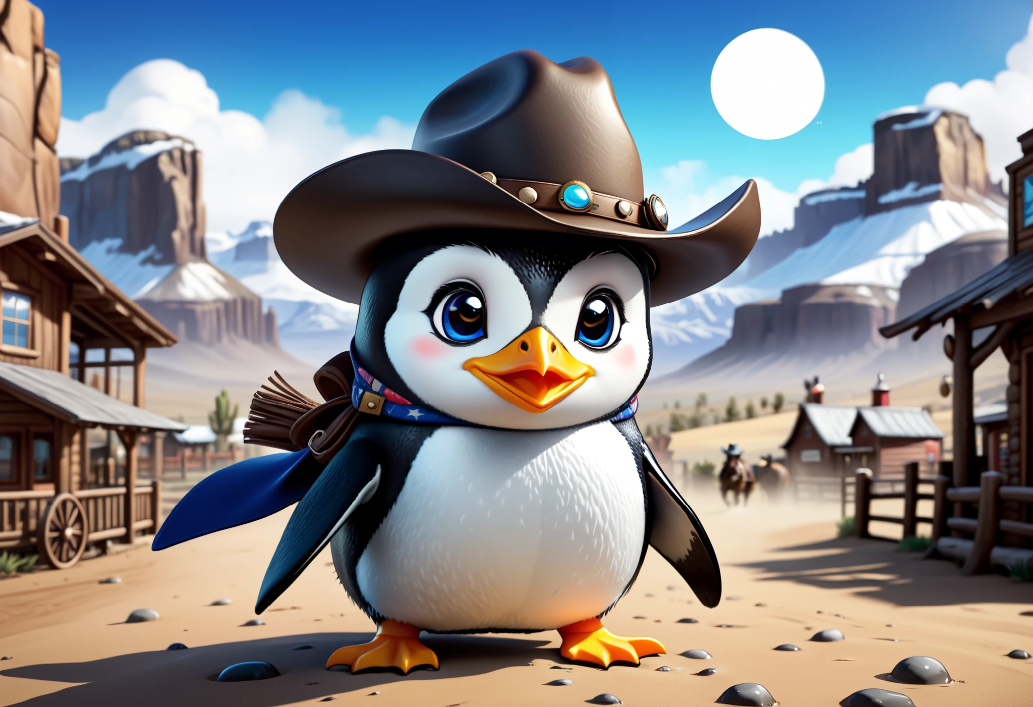 there is a cartoon penguin ((in western background)), ((with a cowboy hat)), western scenery, black and white penguin, round logo icon avatar, adorable digital painting, blue penguin, cute 3 d render, twitch streamer / gamer ludwig, cute digital art, cute detailed digital art, hd wallpaper, wallpaper 4 k, wallpaper 4k, valve promotional splash art, amazing wallpaper, splash art, desktop background