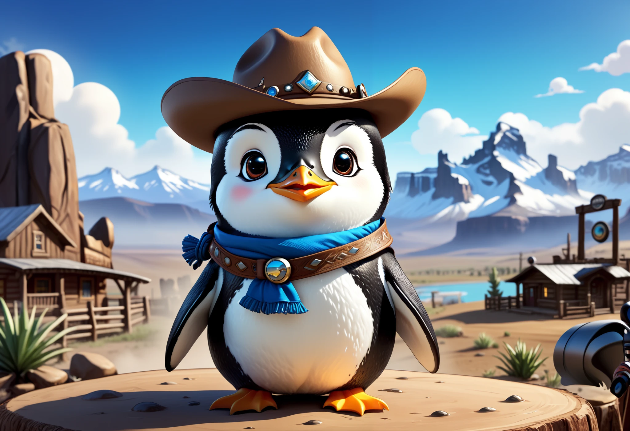 there is a cartoon penguin ((in western background)), ((with a cowboy hat)), western scenery, black and white penguin, round logo icon avatar, adorable digital painting, blue penguin, cute 3 d render, twitch streamer / gamer ludwig, cute digital art, cute detailed digital art, hd wallpaper, wallpaper 4 k, wallpaper 4k, valve promotional splash art, amazing wallpaper, splash art, desktop background