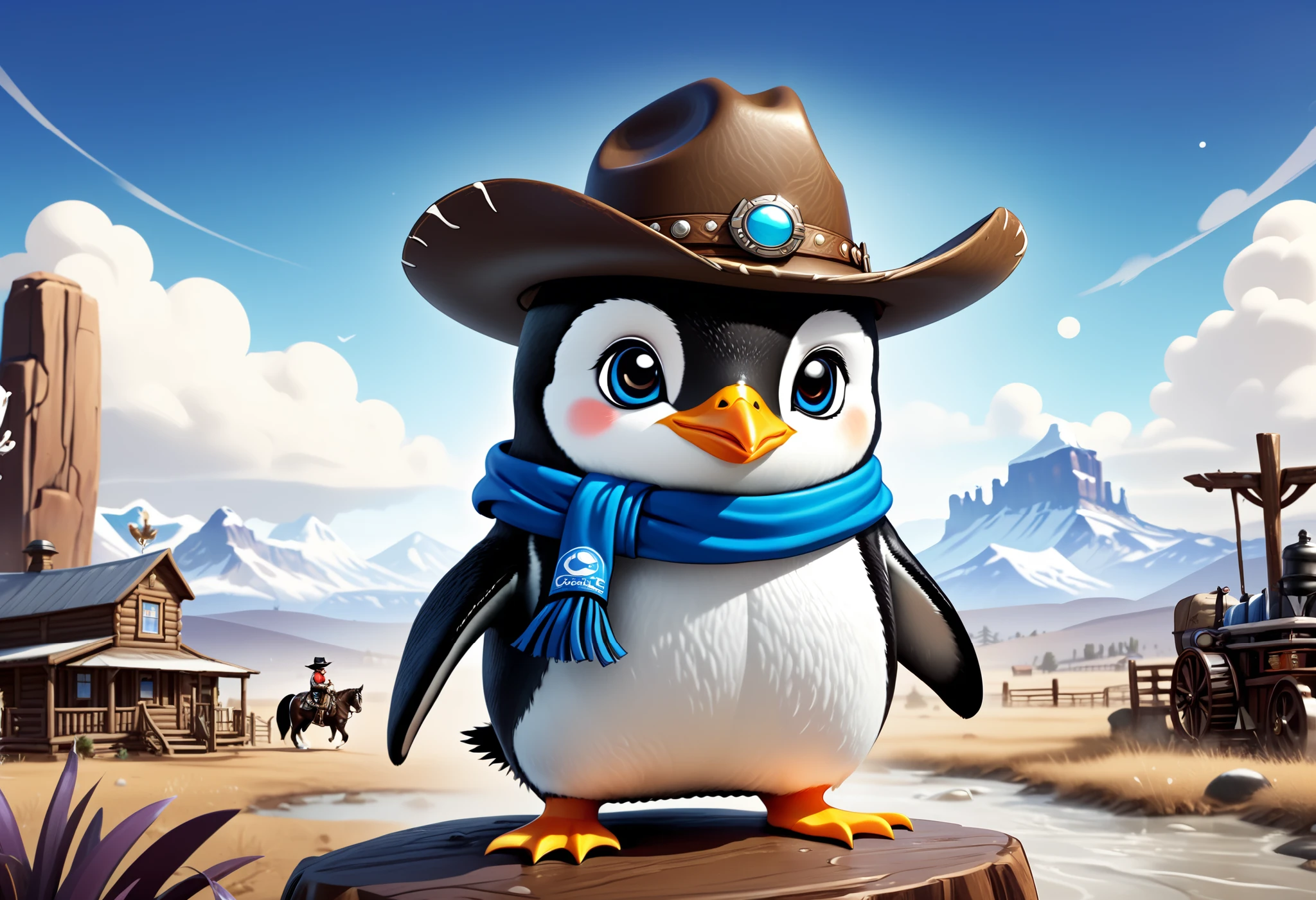 there is a cartoon penguin ((in western background)), ((with a cowboy hat)), western scenery, black and white penguin, round logo icon avatar, adorable digital painting, blue penguin, cute 3 d render, twitch streamer / gamer ludwig, cute digital art, cute detailed digital art, hd wallpaper, wallpaper 4 k, wallpaper 4k, valve promotional splash art, amazing wallpaper, splash art, desktop background