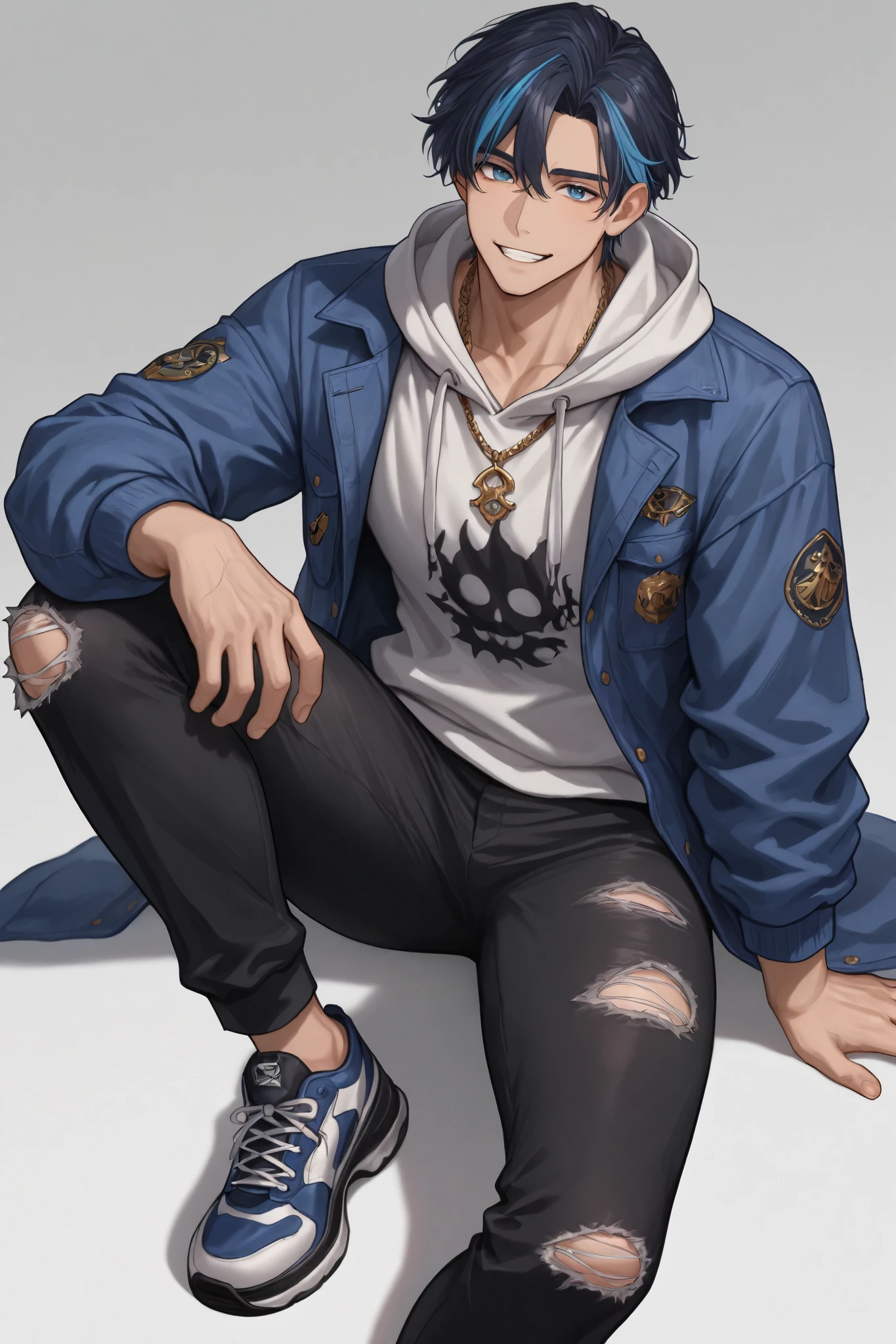 (masterpiece), (highest quality), (very detailed), (the best shape), (best shadows), (absurd), (so beautiful), beautiful eyes in every detail, unusual, 8k, 32K, high resolution, very detailed e CG, score_9, score_8_high, score_7_high, Those_anime_series, cinematic, 1boy, solo, male focus, (streaked hair:1.5), dark blue hair, blue hair, short hair, blue eyes, intricate outfit , intricate fabric , dual tone clothes, blue coat , (large hoodie) , torn pants , casual shoes ,  necklaces, muscular, sexy man, handsome, solo, 
 mature, handsome, sexy man, sensual, pale skin, lean, muscular, cool, high fashion, hoodie with a black jacket, black pants,  smiling, white background