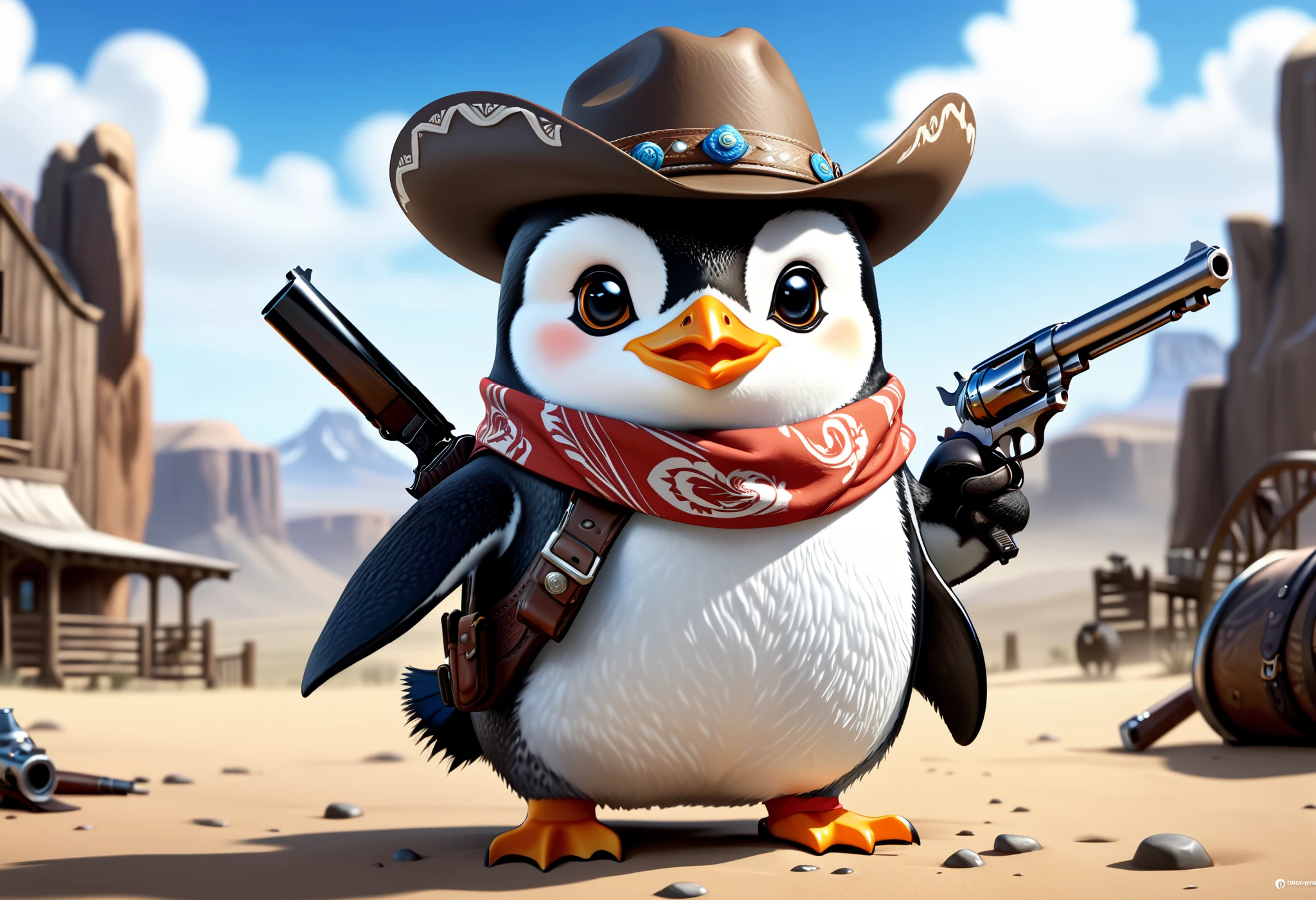 there is a cartoon penguin ((in western background)), ((with a cowboy hat, bandana, holster and revolver )), western scenery, black and white penguin, round logo icon avatar, adorable digital painting, blue penguin, cute 3 d render, twitch streamer / gamer ludwig, cute digital art, cute detailed digital art, hd wallpaper, wallpaper 4 k, wallpaper 4k, valve promotional splash art, amazing wallpaper, splash art, desktop background