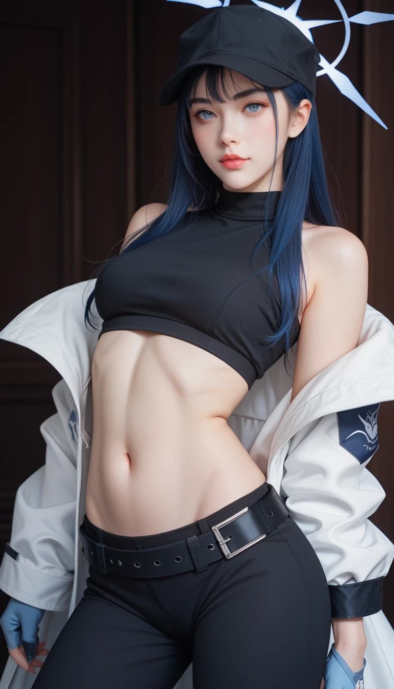 8K, Top Quality, Intricate Details, Ultra Detail, Ultra High Resolution, Masterpiece, close up shot, Slender,, ((Full body )), (Makeup: 0.4), (), , looking at viewer, ((full body)), 1girl, solo, 1 girl, (( )), , , ((tall)), (((fit body))), (((slim face))), sharp face , smile, (( Fluffy blue Eyes: 1.21 , blue hair ,bangs, blue hair, dark blue hair, blue hair, bangs, long hair, bangs, messy hair )) , (detailed face), sharp face, small lips, standing, feminine pose, , show belly ,, , ((, captain america suit )), , ((detail belly )), detail fingers, detail hands, detailed face, detailed breast, huge breast, Narrow Waist, Skinny, 175 cm tall , Muscular, Navel, Exposed Abdomen, , large breast, , , Beautiful girl with accentuated slender abs: 1.4, Six Pack Abs: 1.4, Bust Botox,, Perfect Body, (( dark background)), black background,