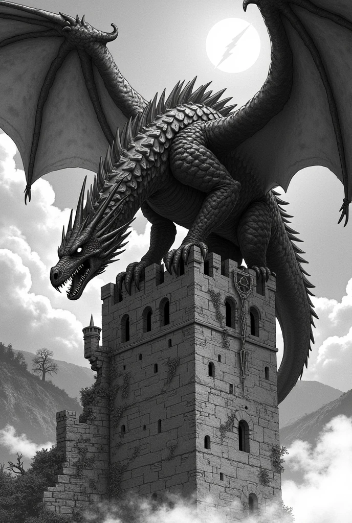 Make a simple drawing so that I can reproduce it on graphite paper inspired by adventure or horror themes., using typical elements of the medieval era, like castles, dragons or knights