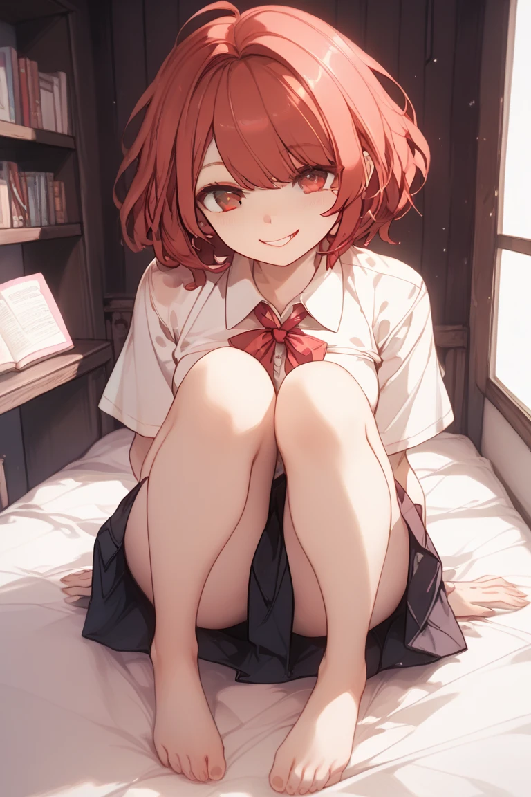 One girl、Red Hair、Green Eyes、Bloomers at school、Woman wearing white maja at home、nsfw