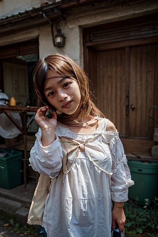 create an image of a 10-year-old girl in a white dress who is a soul in pain, spirit, ghost, horror, gloomy, hollow-eyed, fear, terror, walking the streets of Guanajuato, Mexico.