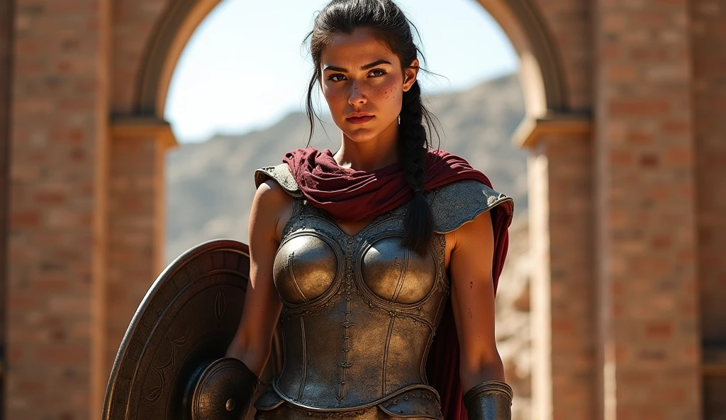 A muscular Spartan warrior, Flowing red cape, only panties, gigantic chest, exposed chest, detailed face, beautiful face, perfect face raised sword, determined expression, ancient greek setting, dramatic lighting, (Best Quality,4k,8k,High resolution,masterpiece:1.2),ultra detailed,(realist,photorealist,photo-realist:1.37),cinematographic composition,epic scene,intricate details,rugged landscape,gold fields, barley fields, bright atmosphere,vibrant colors