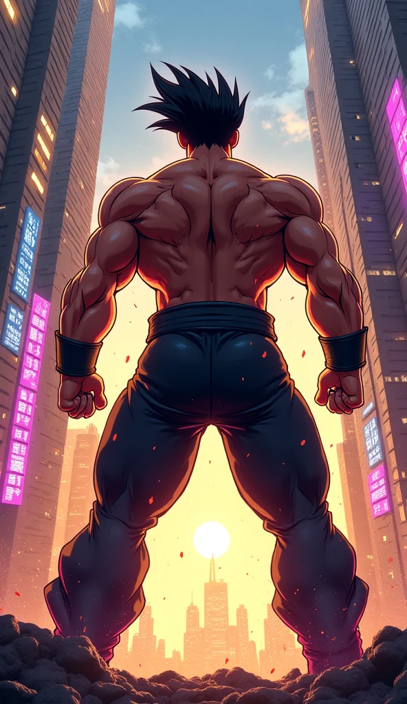 Generate anime-style art with a high-angle shot of a muscular male character with his body with his back to the camera, THE CHARACTER IS STANDING ON TOP OF A TALL BUILDING, O protagonista deve ter um corpo extremamente musculoso, muito alto, semelhante ao de um fisiculturista. O personagem deve ter o cabelo bem curto com franja marrom escuro e deve estar usando camiseta manga comprida vermelha, with a black pants and a belt and should be wearing a white sneaker . A imagem deve retratar o corpo inteiro do personagem, com foco em sua postura intimidadora. The protagonist must exude strength and dominance, displaying a powerful presence. A cena deve apresentar apenas o personagem musculoso, THE CHARACTER MUST BE ON TOP OF A BUILDING SHOWING A LARGE CITY BELOW HIM