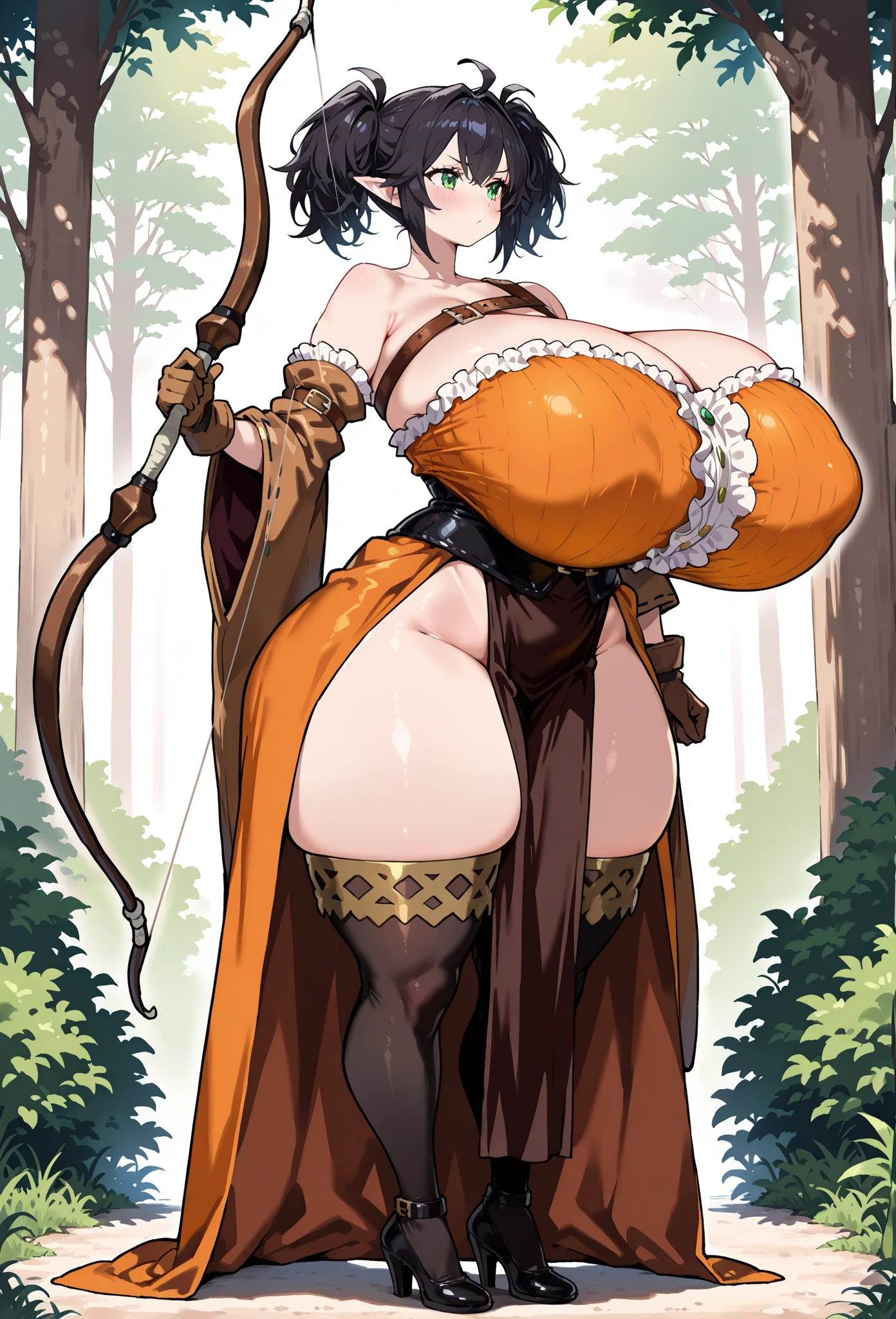 (2girls:1.5), (height_difference:1.3), (size_difference:1.1), (a woman standing up to the closeup breasts and face of a giantess: 1.2), (simple background: 1.2), (height different sizes: 1.2), navel, (closeup breasts and face: 1.2), (a woman standing below the breasts of a giantess), (from below view foreshortening: 1.4), forest, cliffs, (below view: 1.1), (foreshortening: 1.1), nipples, vagina, bushes, adventurer clothing, fantasy clothing, mage, wizard, dirt, ground, (breasts and face closeup angle photo: 1.3), on knees, (microscopic view: 1.3)
