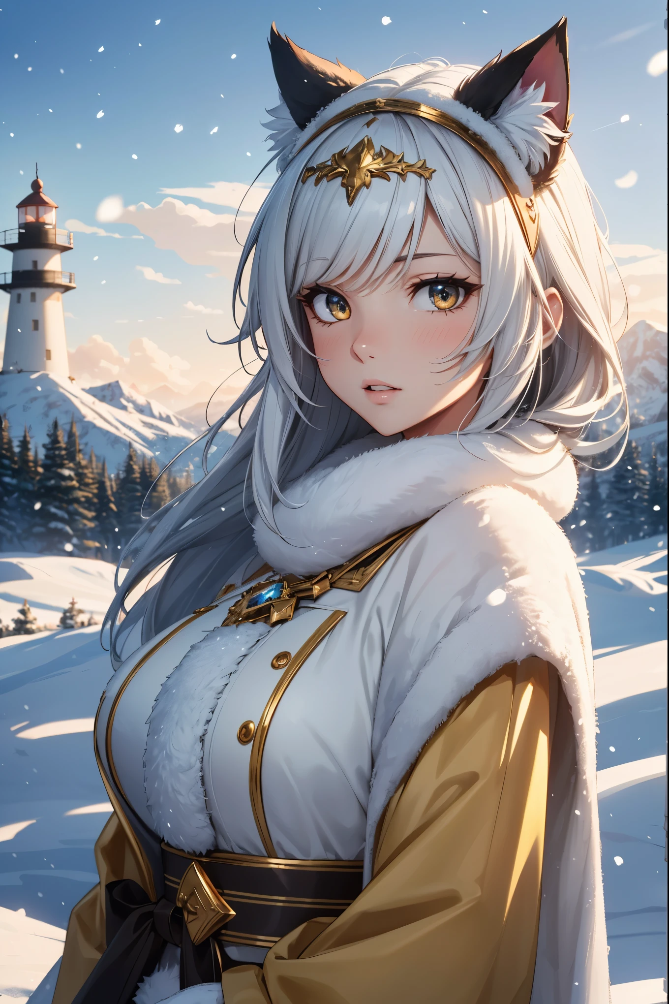 extreme quality, cg, detailed face+eyes, (bright colors), (anime), 1girl, impact, (winter), blizzard, time stop, sci fi, (tribal cat), (eskimo), animal ear fluff, fur trim, clouds, tan skin, (feather headdress), masterpiece, top tier, extravagant, 8k, unity wallpaper, unreal engine 5, ray tracing, 8k, cinematic, varied depth of field, octane render, elegant, tone mapping, hyper focus, parted lips, upperbody, (black), dappled sunlight, (snowing), nature, winter coat, upper body, (morning glow), lighthouse, gold eyes, horizon, picturesque scenery, mountain, forest, looking at viewer, (tundra)
