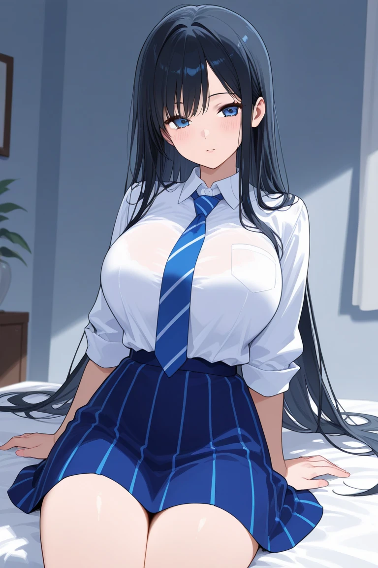 score_9, score_8_up, score_7_up, source_anime, game cg, harunakainiKC, long hair, skirt, hair ornament,White shirt dark Blue school skirt   ,smile,parted lips, HOTEL ON the bed