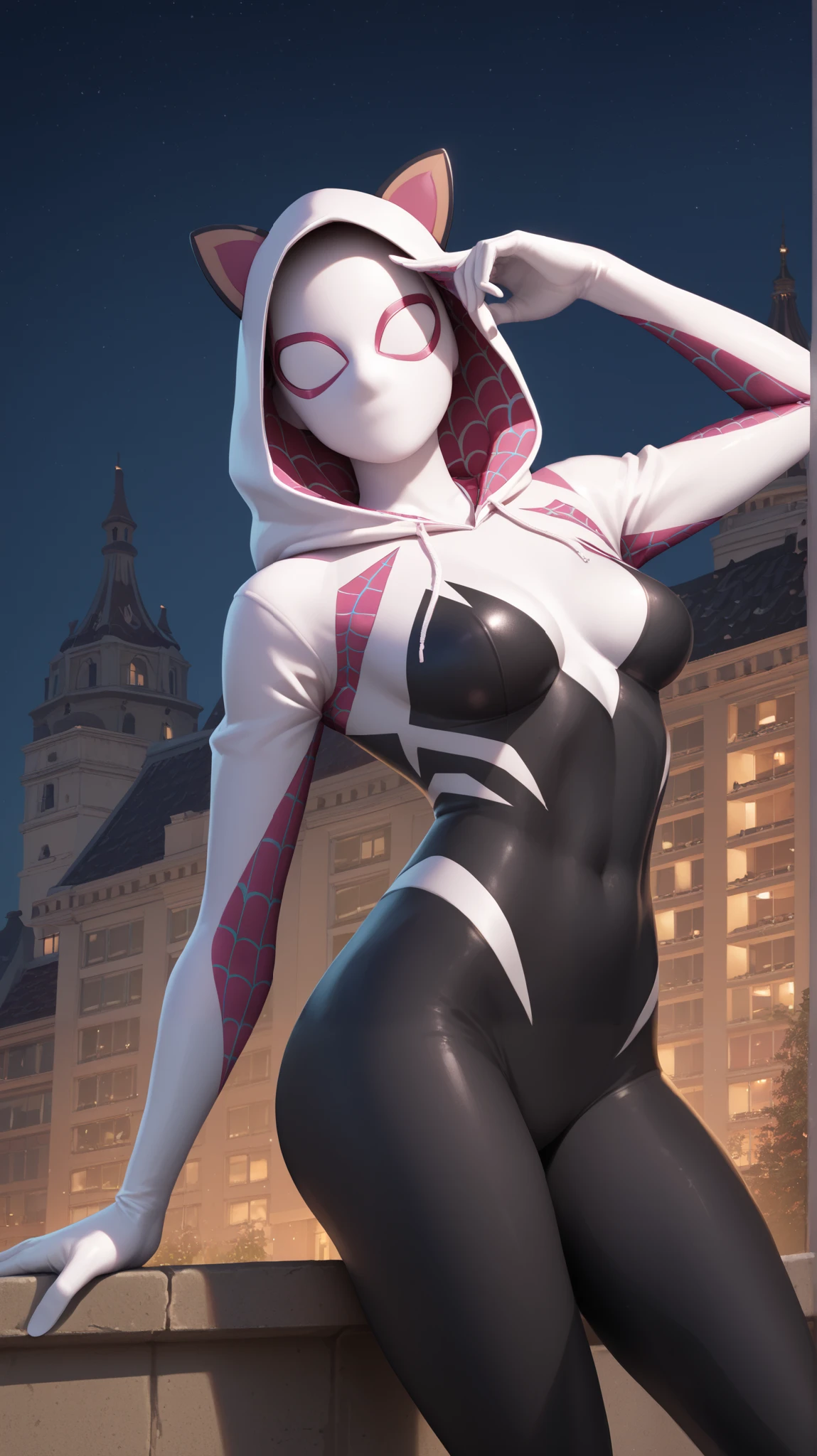 A realistic, hyperrealistic Spidergwen with athletic muscle, textured saturated white black and pink trage, (best quality,4k,8k,highres,masterpiece:1.2),ultra-detailed,(realistic,photorealistic,photo-realistic:1.37),professional,vivid colors,bokeh, full body, tight leotard wedge in vagina, vulva, clitoral hood, ??????, cameltoe