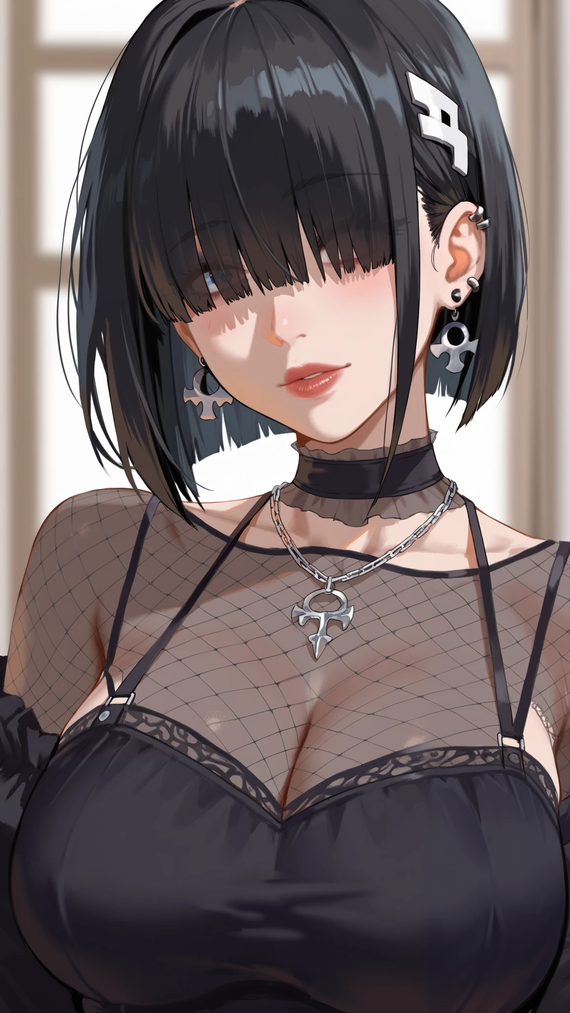 hot goth, black hair with black highlights, hair over eyes, white bangs, gothic makeup (best quality, 8K, 32k, masterpiece, Ultra HD:1.2),Photos of beautiful Japanese women, Large Breasts, Super Short Bob Hairstyle,Upper Body,(black mesh blouse, long sleeves, sexy:1.1) necklace, Simple background