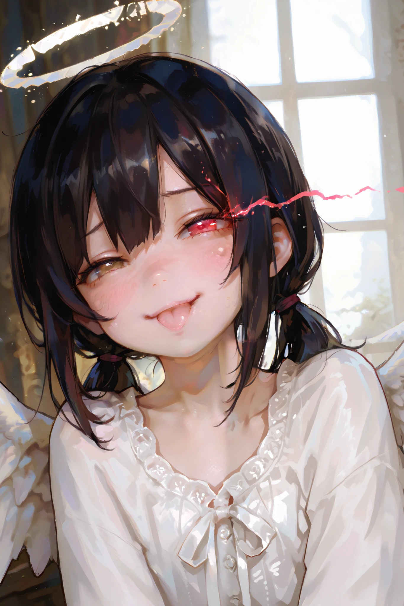 masterpiece, best quality, Detailed Eyes, girl, fantasy, kawaii, tsundere, red eye, low twintail black hair, young face, clumsy, cute face, semi realistic, 8k, white blouse, smile, naughty, white angel wings, white halo, solo charactor, looking at viewer, glowing eye, :P face