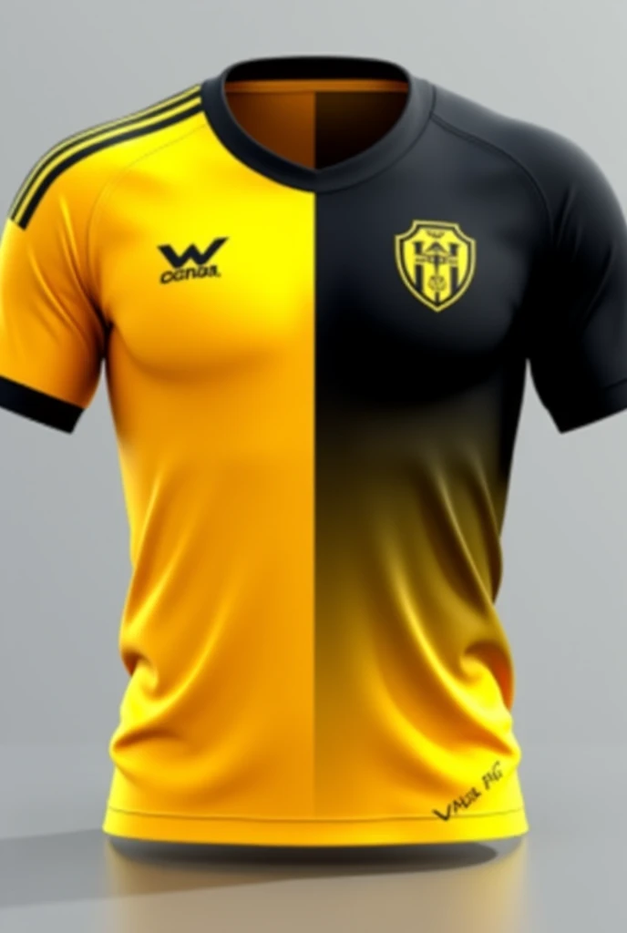 The Tigres Guaramiranga futsal team uniform is made in yellow and black colors. The shirt has vertical stripes alternating the two colors, with the team name highlighted in the center. The shorts and socks follow the same color combination, completing the team's vibrant and aggressive look. The team's shield, representing a tiger, is printed on the chest of the shirt, symbolizing the players' determination and tenacity.