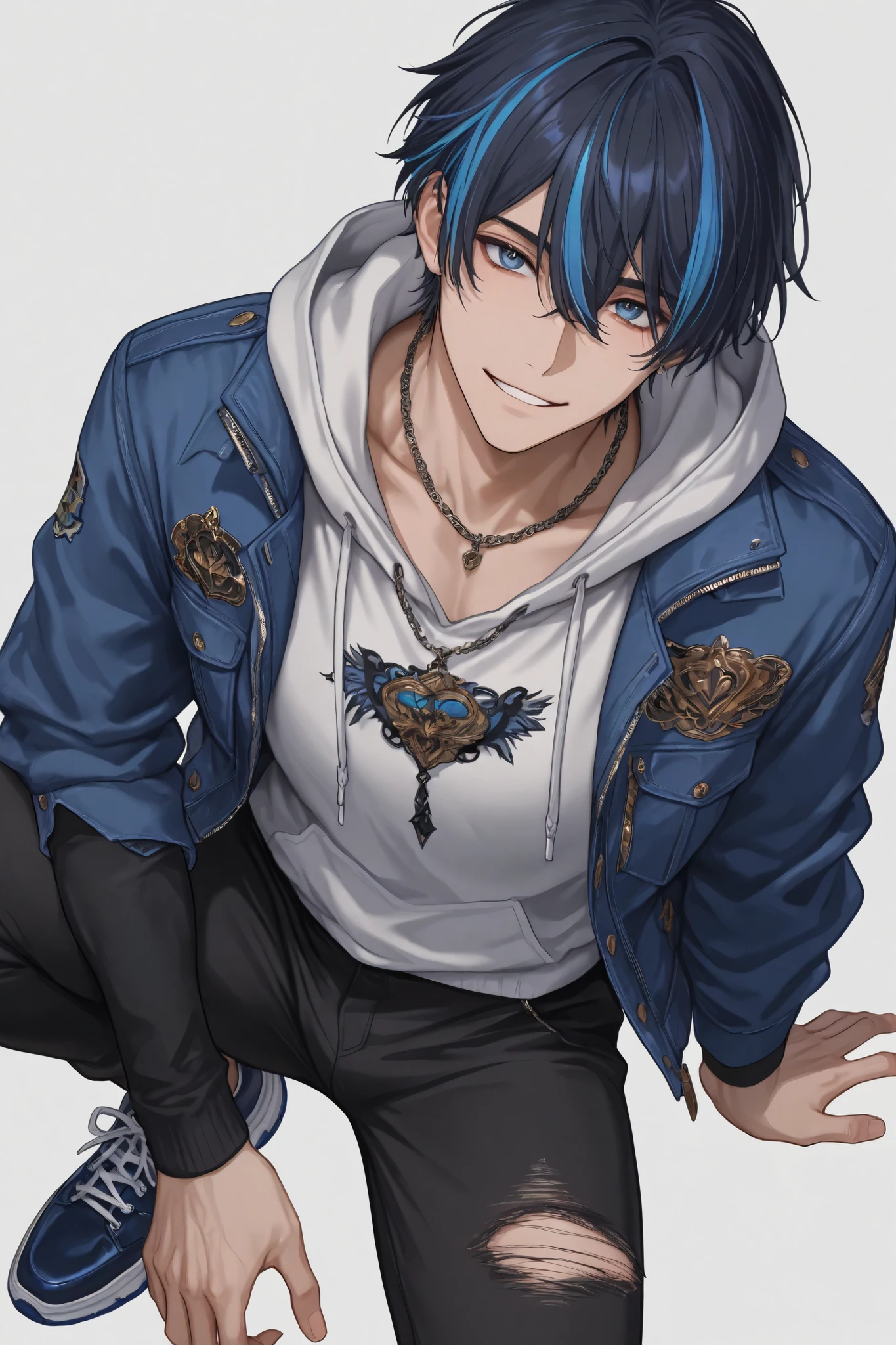 (masterpiece), (highest quality), (very detailed), (the best shape), (best shadows), (absurd), (so beautiful), beautiful eyes in every detail, unusual, 8k, 32K, high resolution, very detailed e CG, score_9, score_8_high, score_7_high, Those_anime_series, cinematic, 1boy, solo, male focus, (streaked hair:1.5), dark blue hair, blue hair, short hair, blue eyes, intricate outfit , intricate fabric , dual tone clothes, blue coat , (large hoodie) , torn pants , casual shoes , necklaces, muscular, sexy man, handsome, solo,
mature, handsome, sexy man, sensual, pale skin, lean, muscular, cool, high fashion, hoodie with a black jacket, black pants, smiling, white background