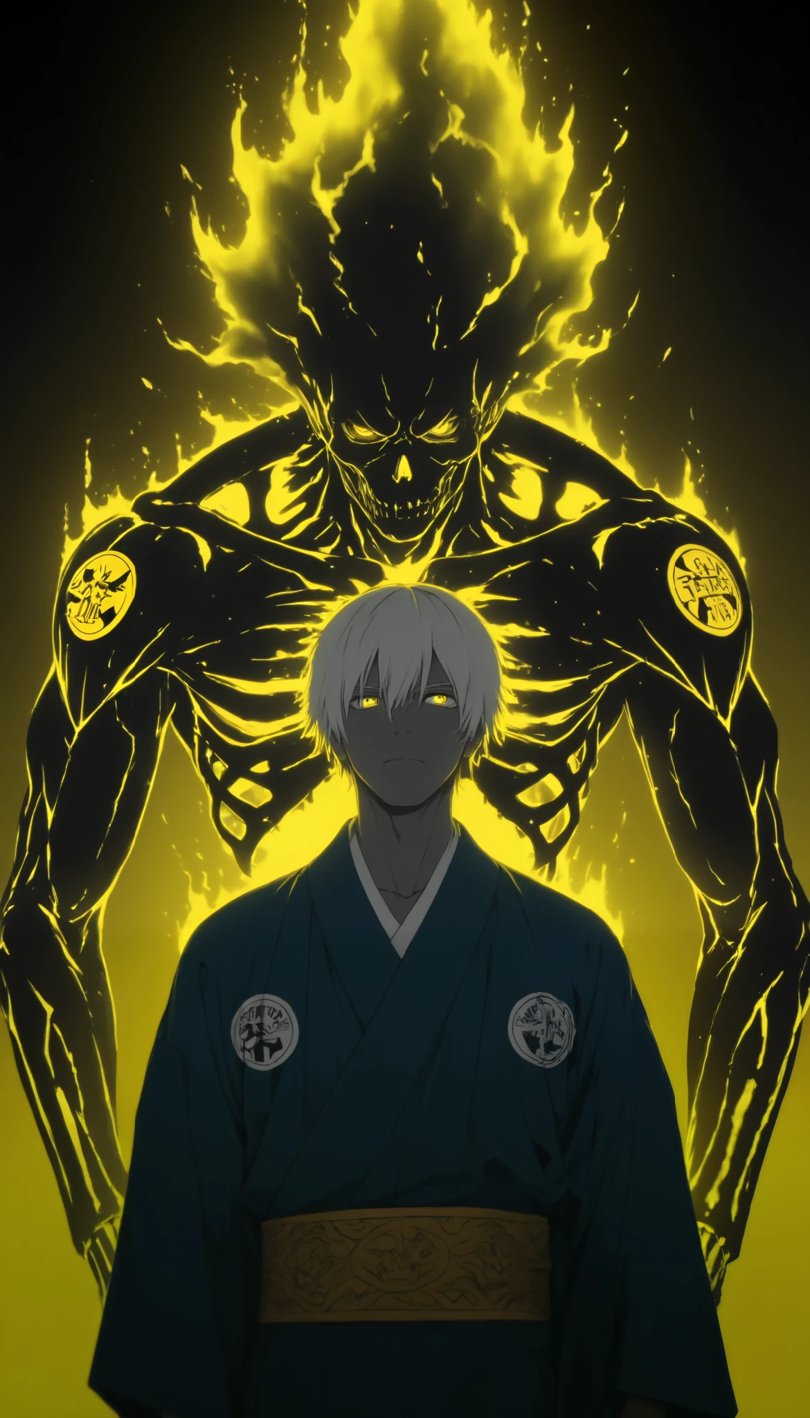 top of a detailed boy,(((black to yellow gradient background))),(backlight:1.5),(dark environment:1.5),Tracera yellow light,bright yellow eyes popping out against the background, disheveled white hair,blue kimono,(Serious and calm expression almost expressionless),monochrome,grayscale,yellow eyes on the background,messy line art, muscular,skeletal arm,head on fire,Ghost Rider