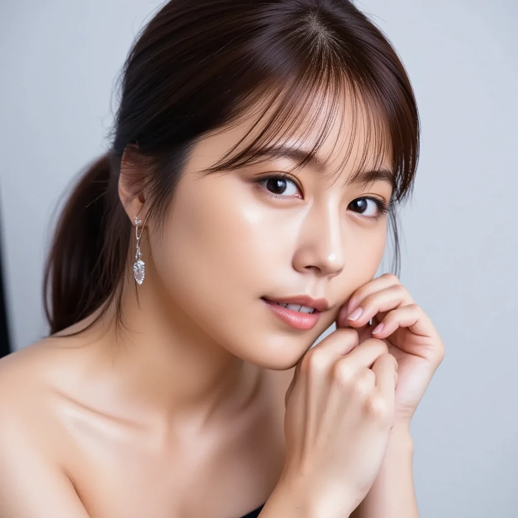((Highest quality、8K、masterpiece:1.3))、Realistic, Sharp focus, High resolution, High resolution,Portraiture, One person、Japanese、woman, beautiful woman, (((V-neck sleeveless、Royal Blue Dress、Gold Edge)))、30 years old, Charming person, Medium Long Hair,smile