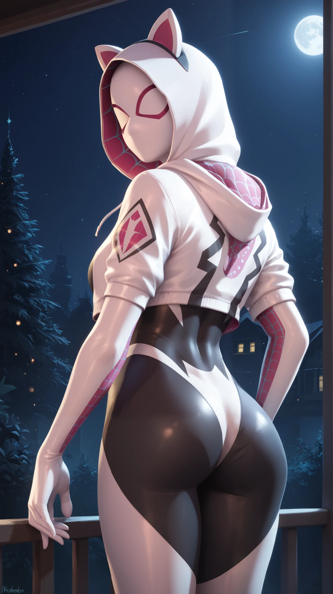 chica (Masterpiece),night, Head covered with a Gwen spider mask, covered face, Hoodie with cat ears, Spider Gwen tight suit, white light, looking back
