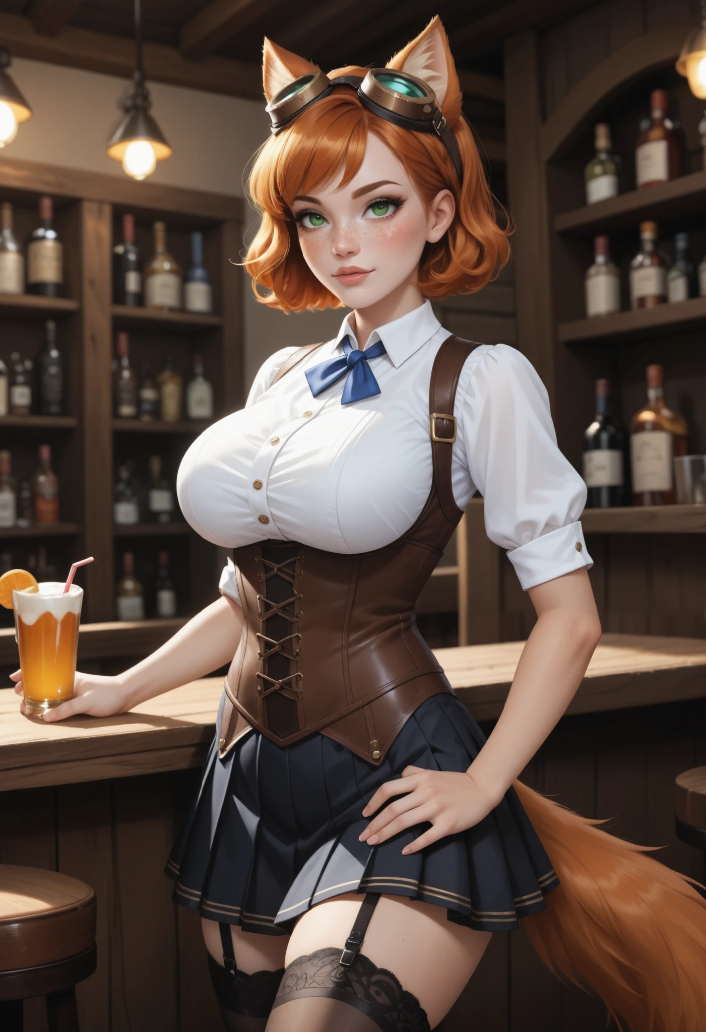 ultra detailed beautiful French woman, standing in a pub, with a hand on waist BREAK wearing steampunk outfit with brown leather corset, pleated skirt and high boot, garter belt and stockings and goggles on head BREAK fox ears and tail, stunningly beautiful, ((stylish ginger hair)), Short hair, green eyes,((freckles)), (very thin lips), , eyeliner on her eyes, very long eyelashes, perfect body (dark make-up:1.3), (big breast), ultra detailed illustration, high definition, very bold and vivid colors, best quality, volumetric lighting,"best quality," masterpiece",ultra realistic, high-quality details