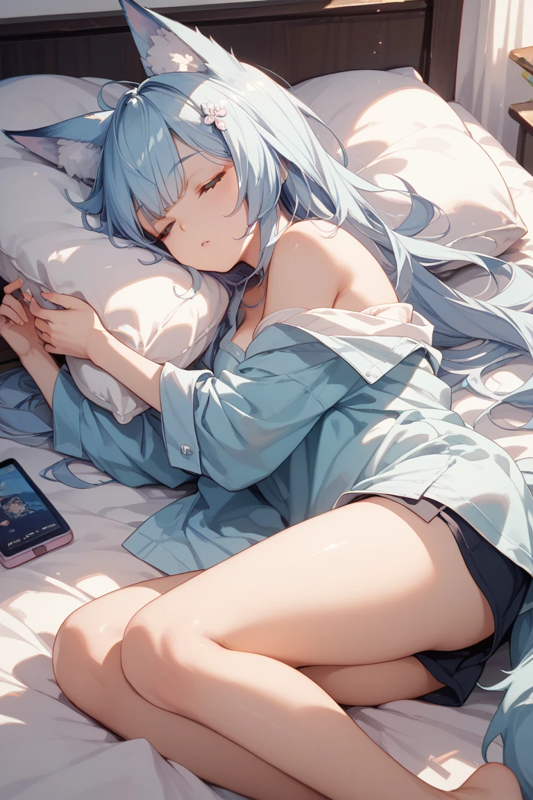 Beautiful girl sleeping in bed listening to music on headphones in a room The starry sky outside the room is beautiful. Japanese anime style