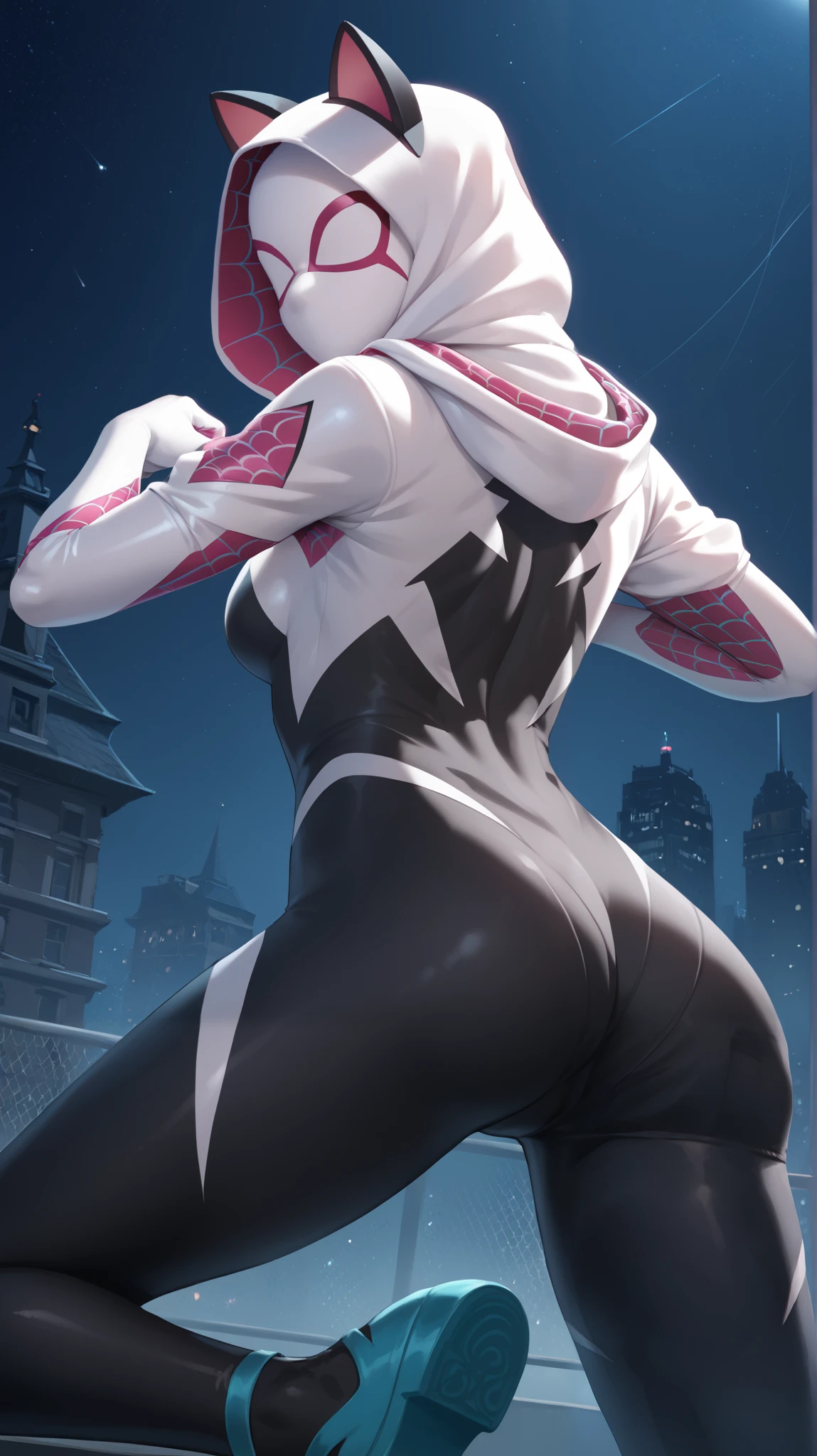 chica (Masterpiece),night, Head covered with a Gwen spider mask, covered face, Hoodie with cat ears, Spider Gwen tight suit, white light, fighting pose, looking back