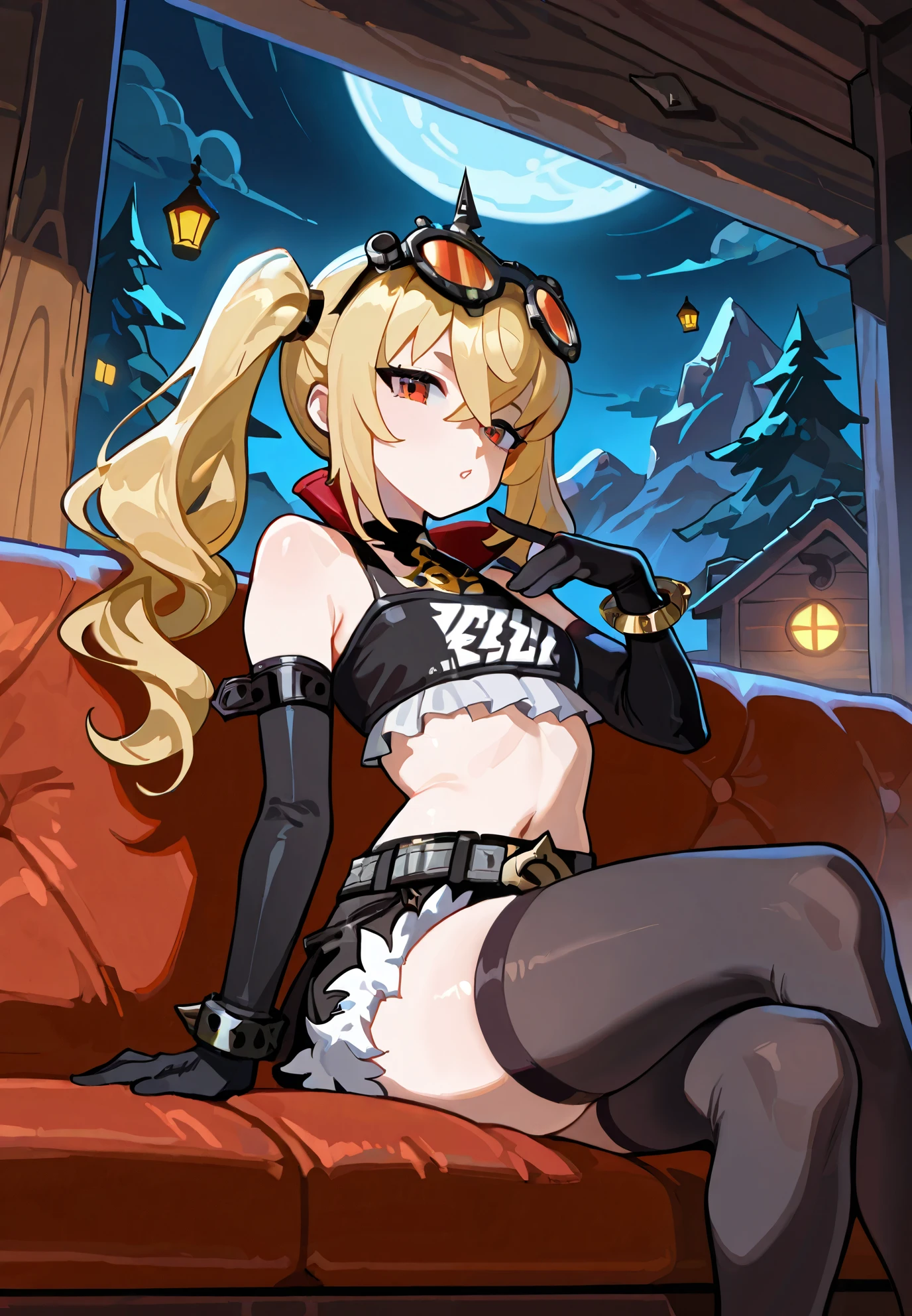 1girl, solo, Luciana de Montefio, Zenless Zone Zero, sitting on a couch, sexy pose, alluring atmosphere, BREAK, mountain cabin, night time, beautiful lighting and shadows,