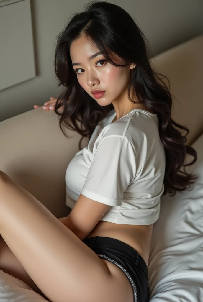 Capture a compelling photograph with high resolution using a professional-grade camera. The subject is an adorable Thai woman with long black hair, seated halfway in the frame, positioned sideways to the camera. The scene unfolds in a bedroom with soft, natural light streaming in from a window during the late afternoon, casting gentle and warm tones. The woman is wearing an oversized white shirt with small underwear, sitting near a window sill and looking outward, look at view, look outside, not directly at the camera. The overall ambiance should exude tranquility and charm, with subdued lighting, soft focus, and a hint of sunlight creating a play of shadows in the background. This shot is taken with a 35mm film for a timeless quality. Emphasize the subtleties of the moment, and ensure that the composition highlights the interplay of light and shadows to evoke a warm and inviting atmosphere.