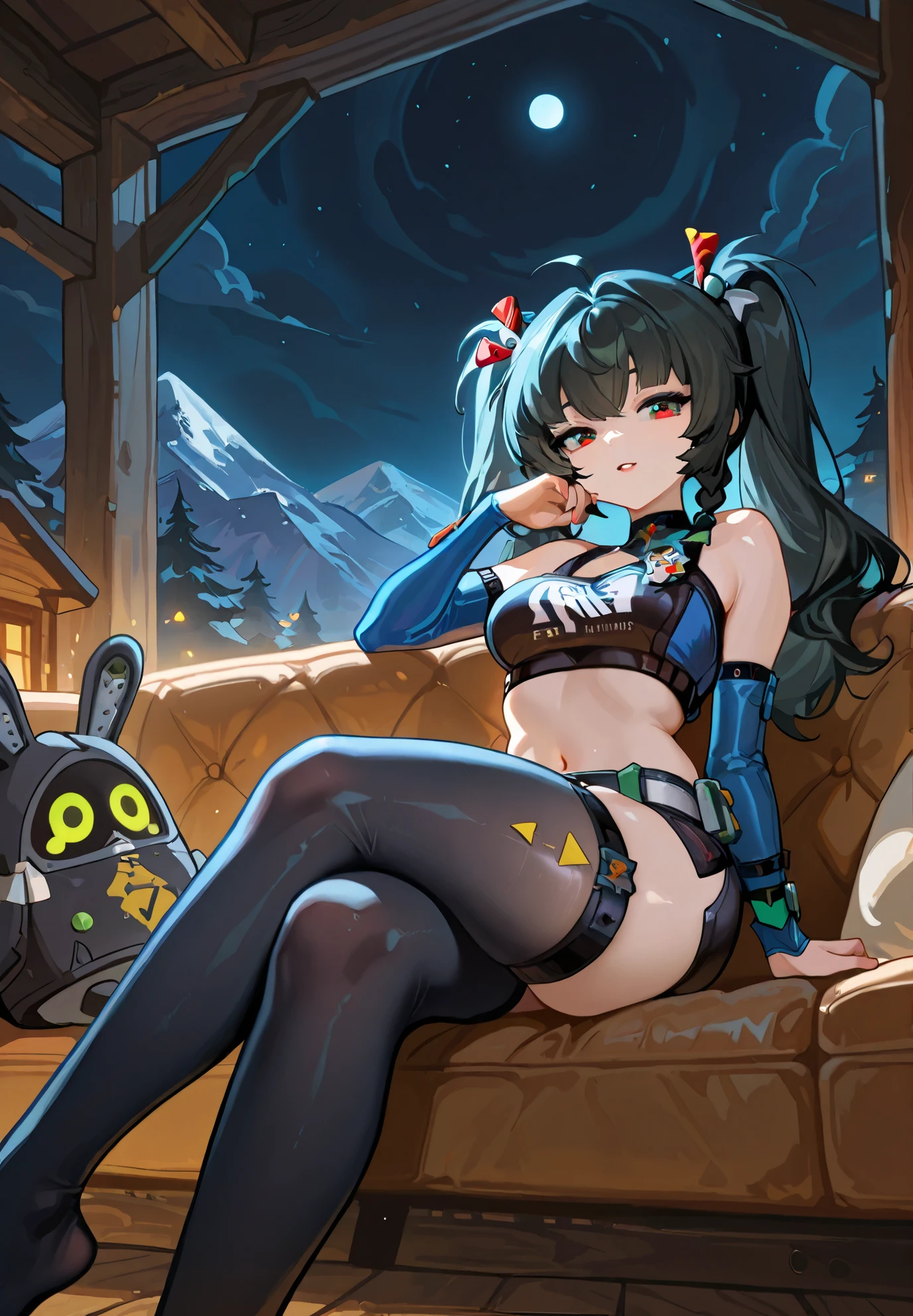 1girl, solo, Qingyi, Zenless Zone Zero, sitting on a couch, sexy pose, alluring atmosphere, BREAK, mountain cabin, night time, beautiful lighting and shadows,
