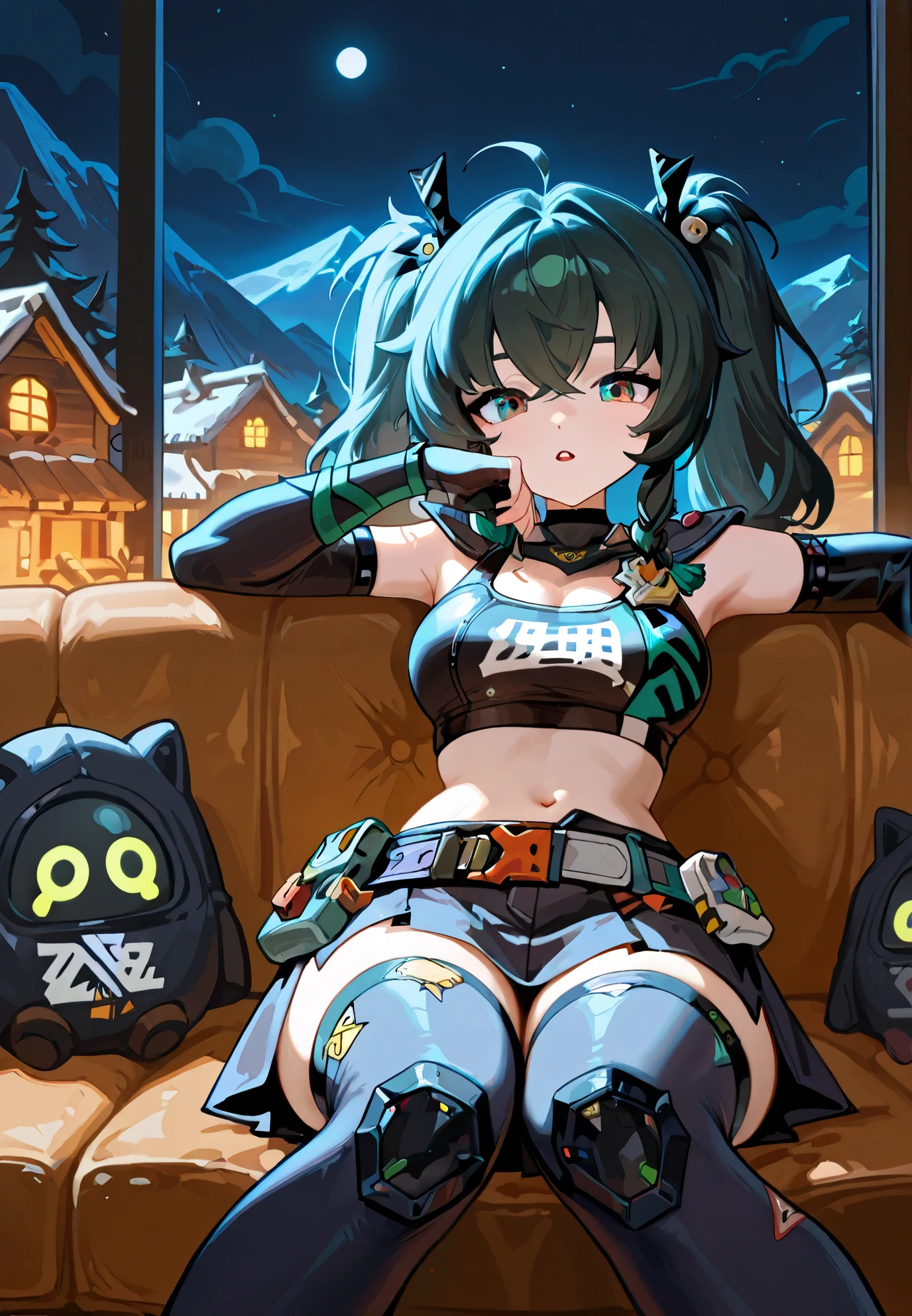 1girl, solo, Qingyi, Zenless Zone Zero, sitting on a couch, sexy pose, alluring atmosphere, BREAK, mountain cabin, night time, beautiful lighting and shadows,