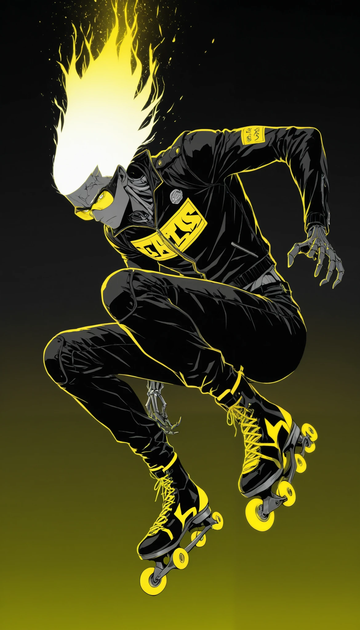 top of a detailed boy,(((black to yellow gradient background))),(backlight:1.5),(dark environment:1.5),Tracera yellow light,bright yellow eyes popping out against the background, disheveled white hair,black leather jacket,long pants,racing glasses on the forehead,(serious and calm expression almost expressionless),monochrome,grayscale,yellow eyes on the background,messy line art,muscular,skeletal arm,Crouching,( skates), skates con ruedas,(Floating),flying,manos alafo de los skates ,dynamic pose