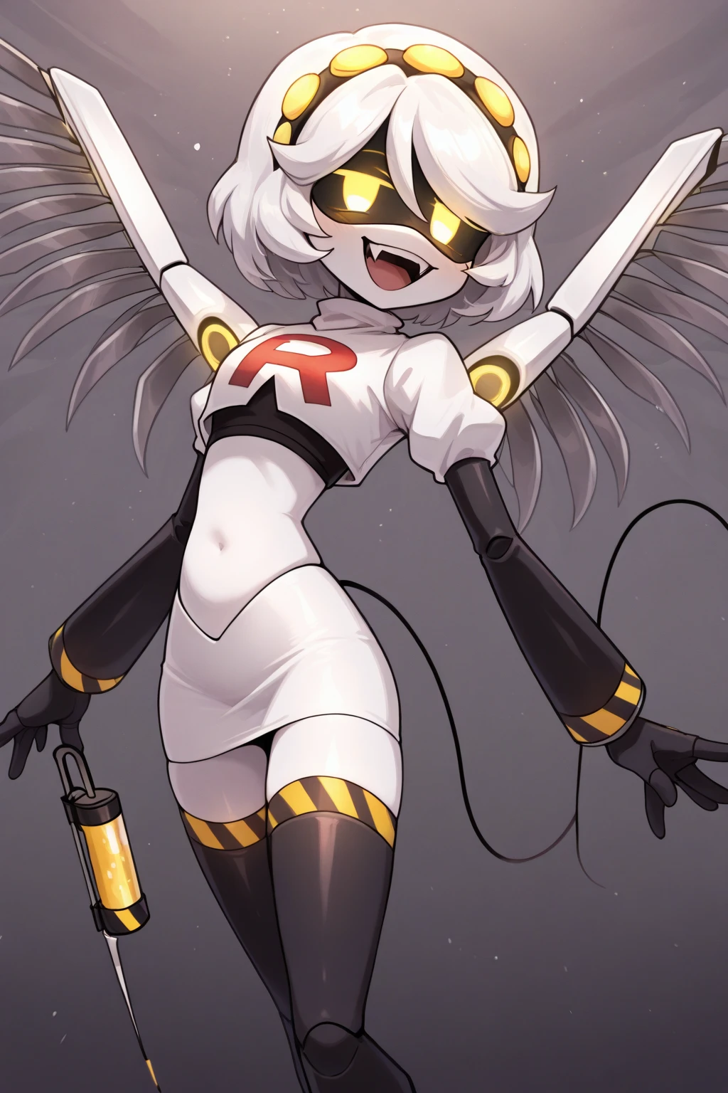 Egg-colored demon girl + Wear a white swimsuit with sleeves + white boots + It has white wings over black on its hips. + Long yellow hair tied up + yellow eyes + There is a small yellow star on the left cheek. + has a white tail + There is a white ribbon. + He has gray-white horns. + Has a black collar + There is a white shawl that leaves the middle. + Wearing red glasses. + holding devil fruit
